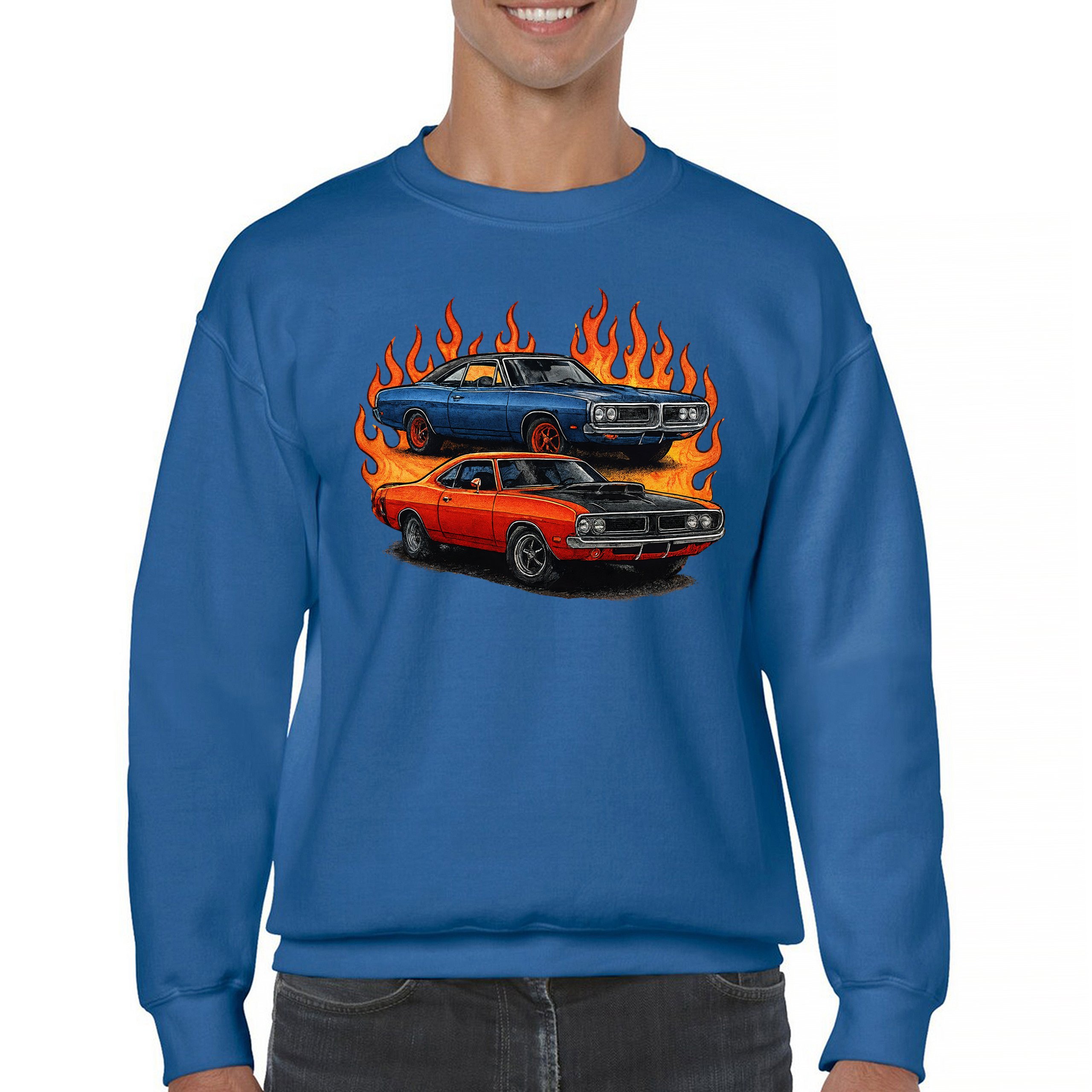 Classic American Muscle Car Flame Sweatshirt Vintage Horsepower V8 Crewneck - Picture 44 of 50