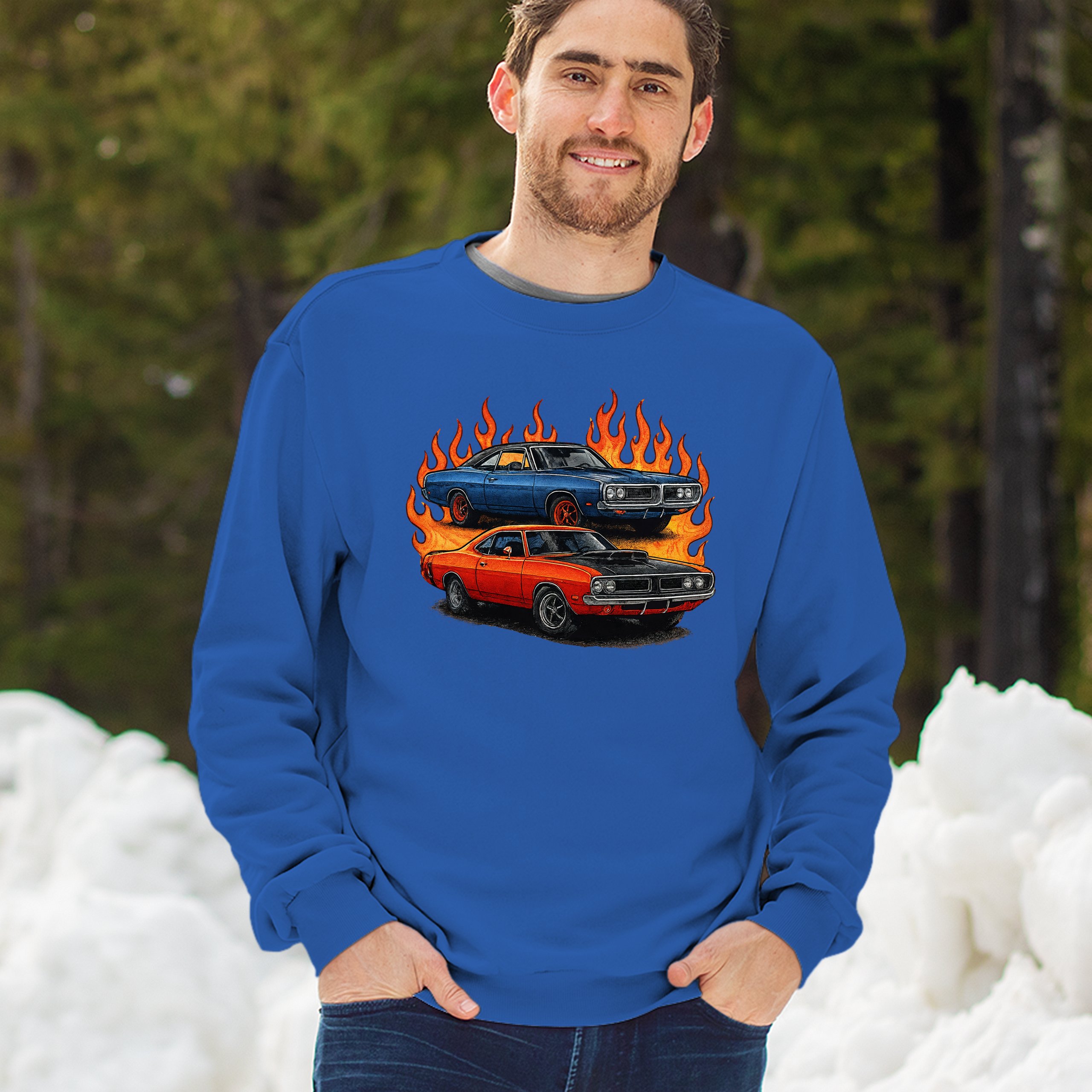 Classic American Muscle Car Flame Sweatshirt Vintage Horsepower V8 Crewneck - Picture 47 of 50