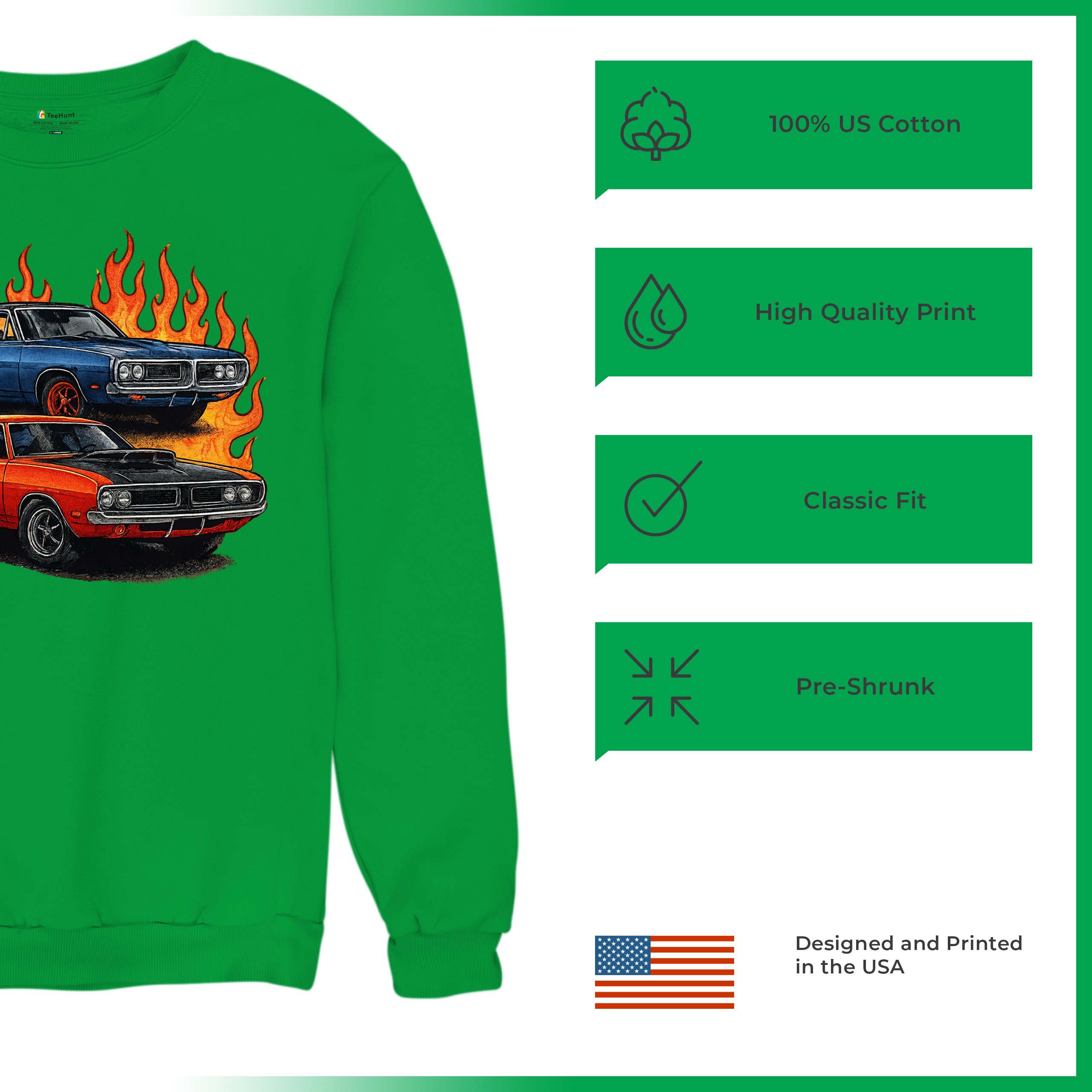 Classic American Muscle Car Flame Sweatshirt Vintage Horsepower V8 Crewneck - Picture 42 of 50