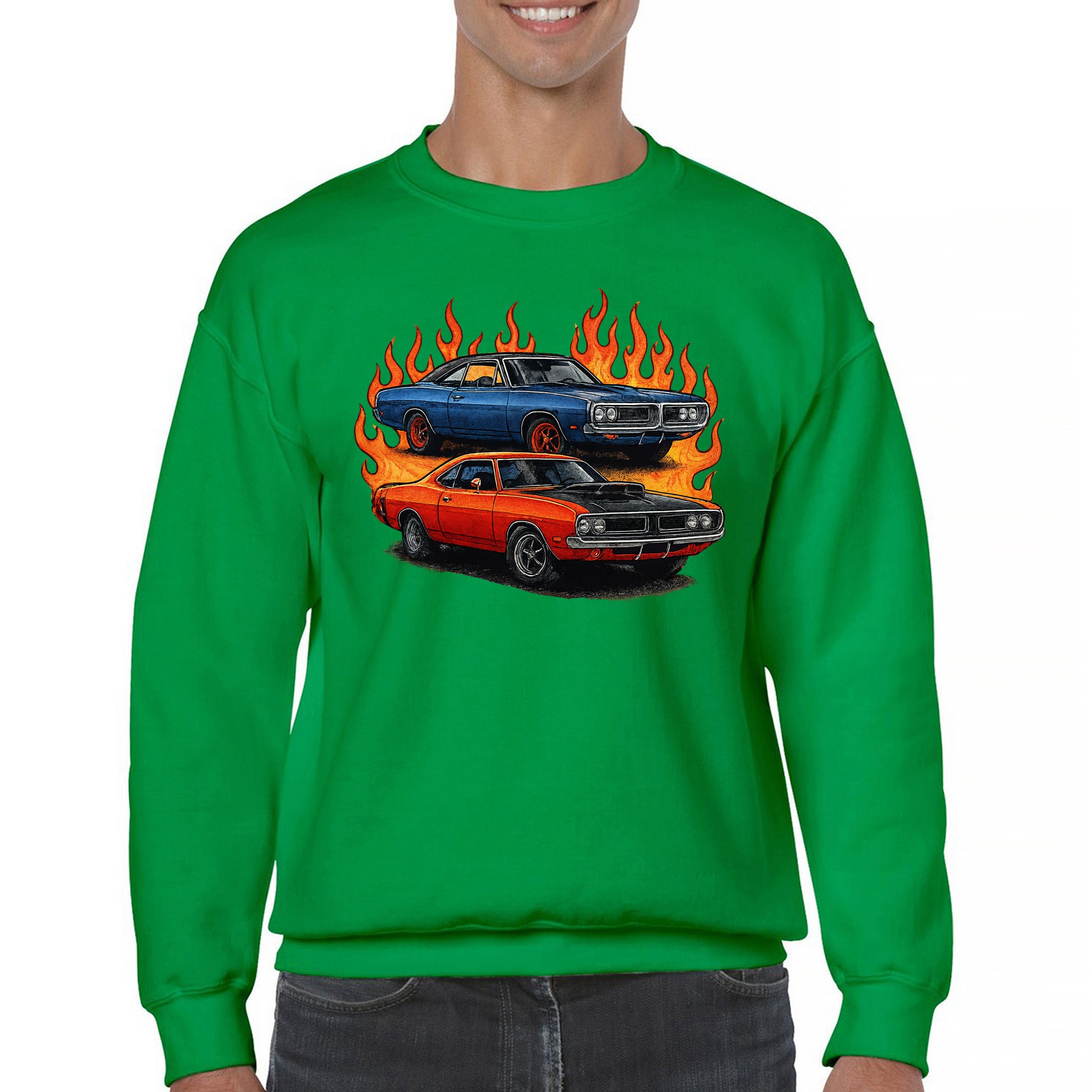 Classic American Muscle Car Flame Sweatshirt Vintage Horsepower V8 Crewneck - Picture 37 of 50