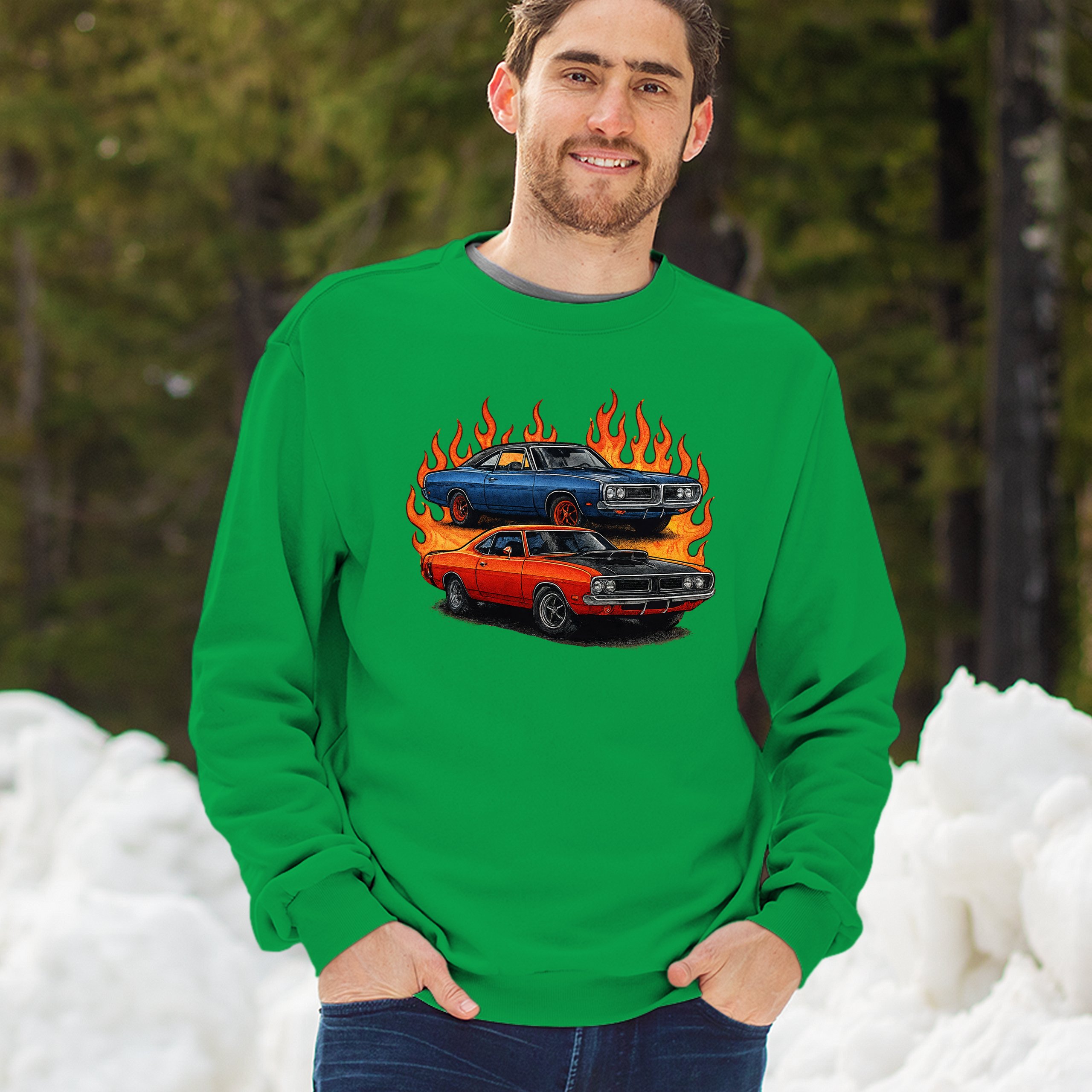 Classic American Muscle Car Flame Sweatshirt Vintage Horsepower V8 Crewneck - Picture 40 of 50