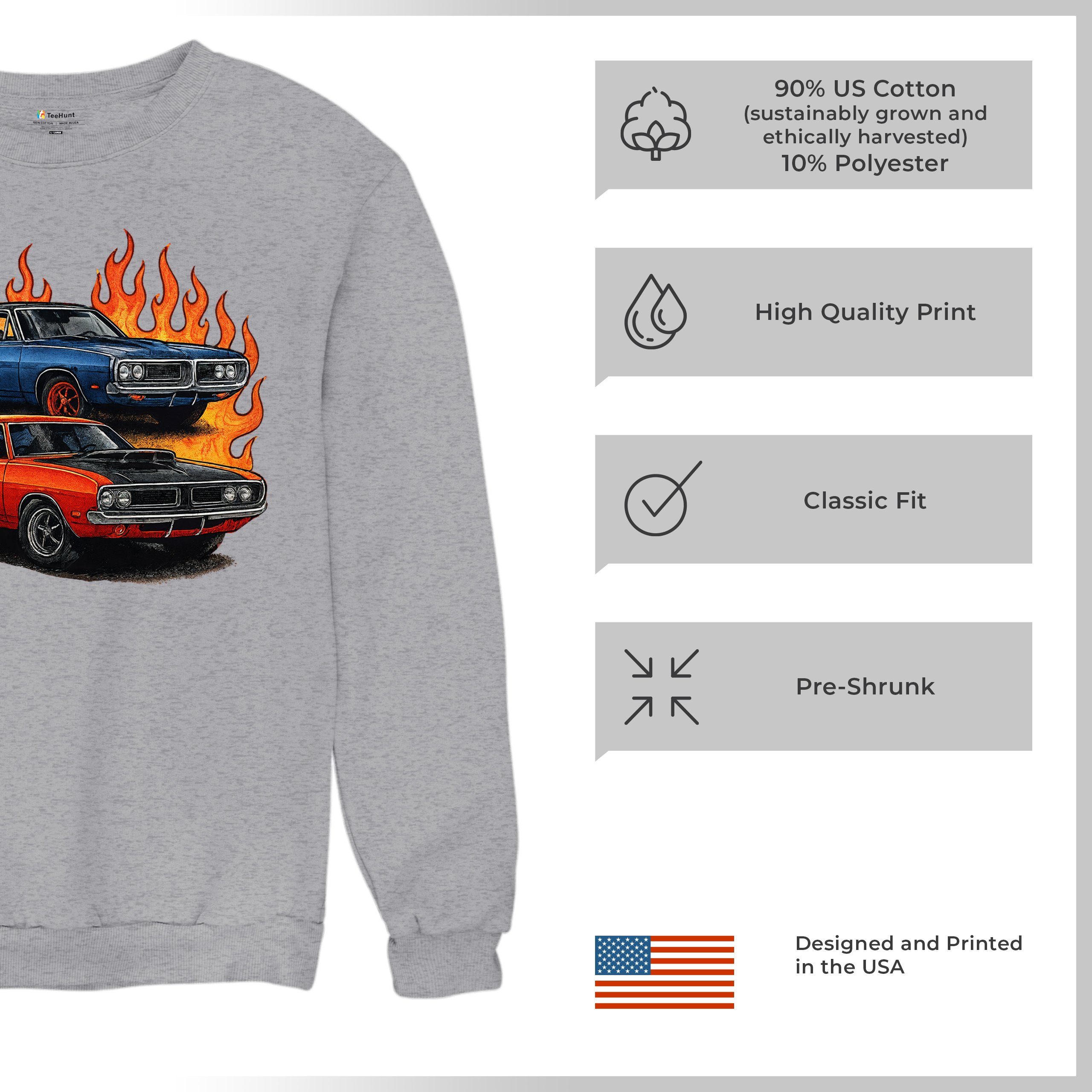 Classic American Muscle Car Flame Sweatshirt Vintage Horsepower V8 Crewneck - Picture 14 of 50