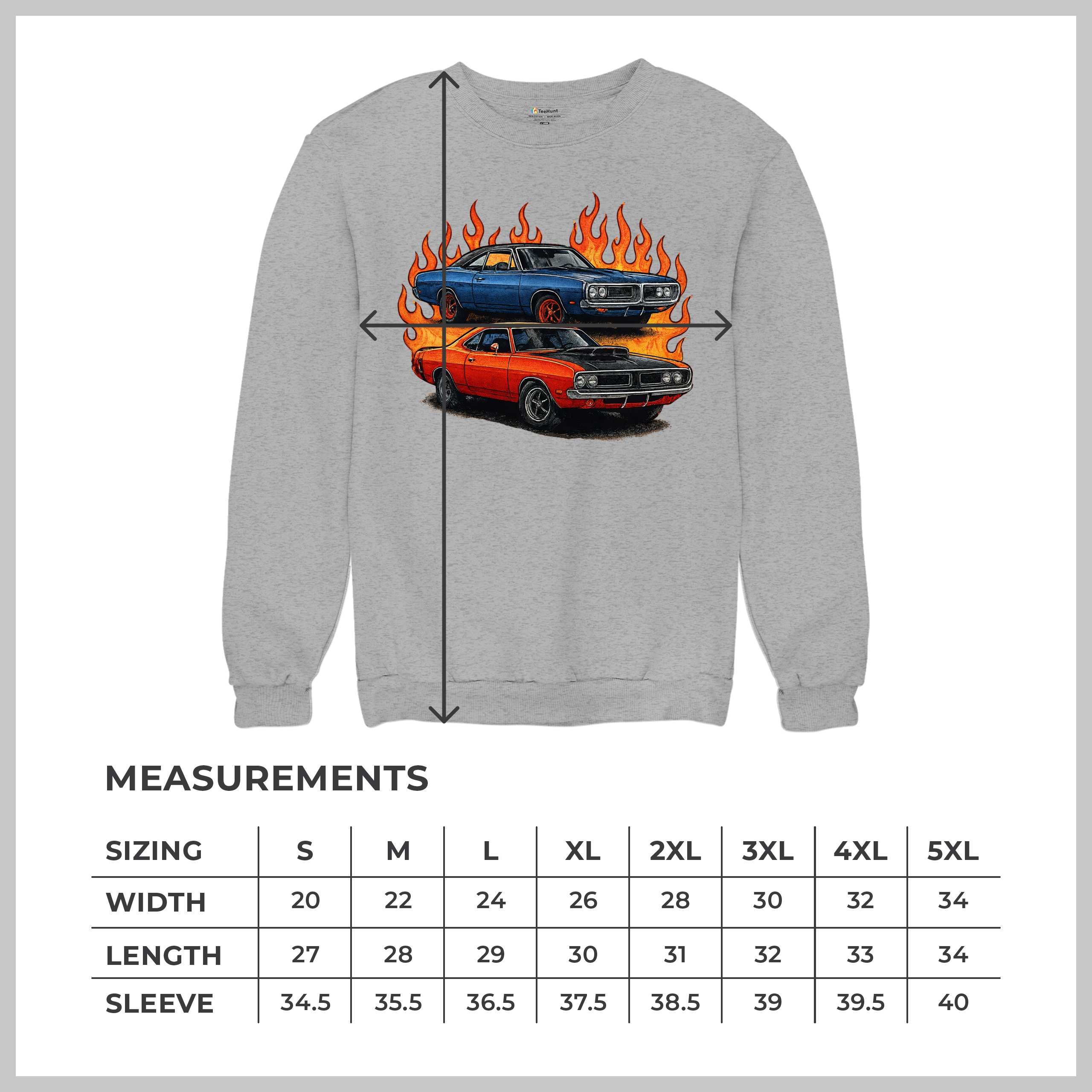 Classic American Muscle Car Flame Sweatshirt Vintage Horsepower V8 Crewneck - Picture 15 of 50