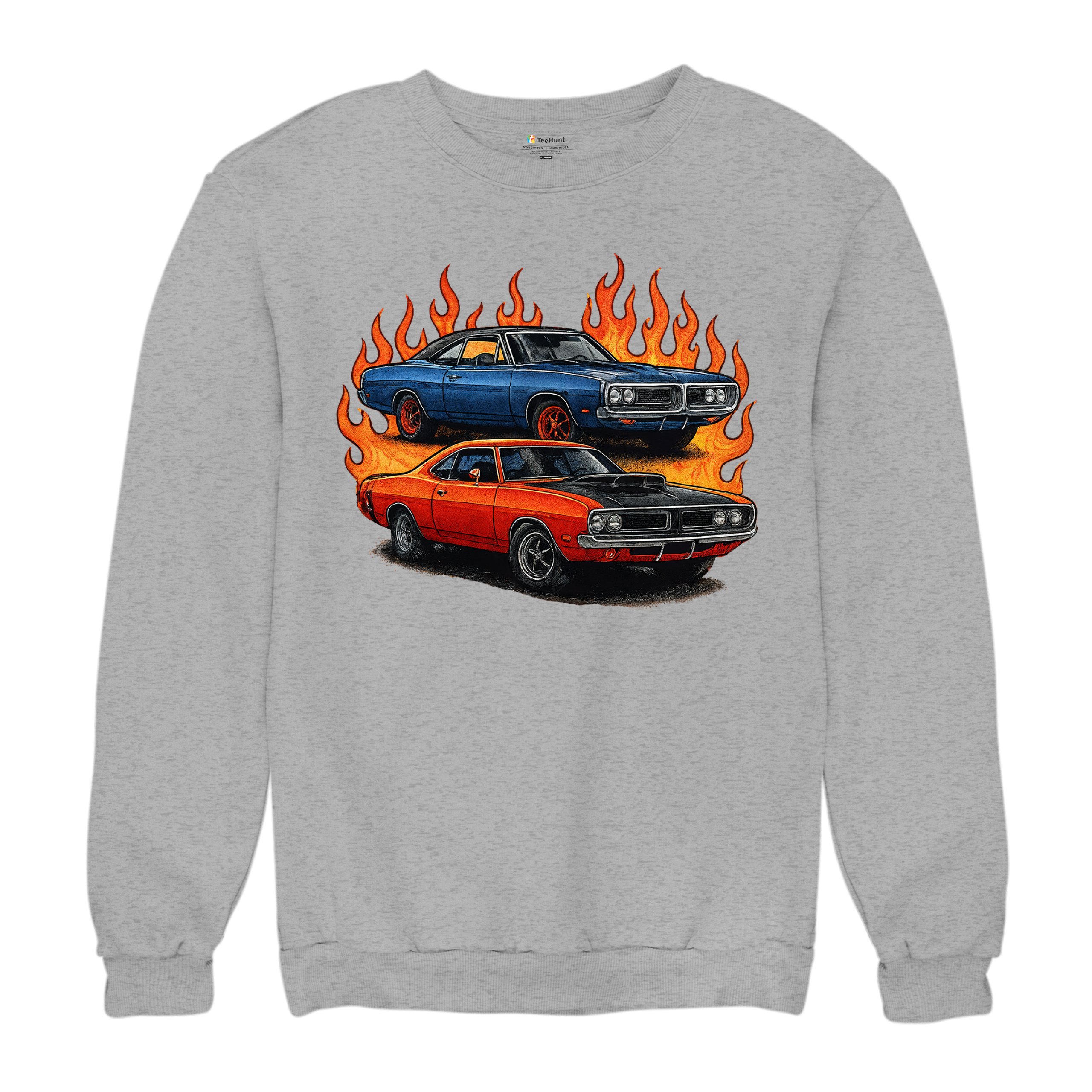 Classic American Muscle Car Flame Sweatshirt Vintage Horsepower V8 Crewneck - Picture 13 of 50