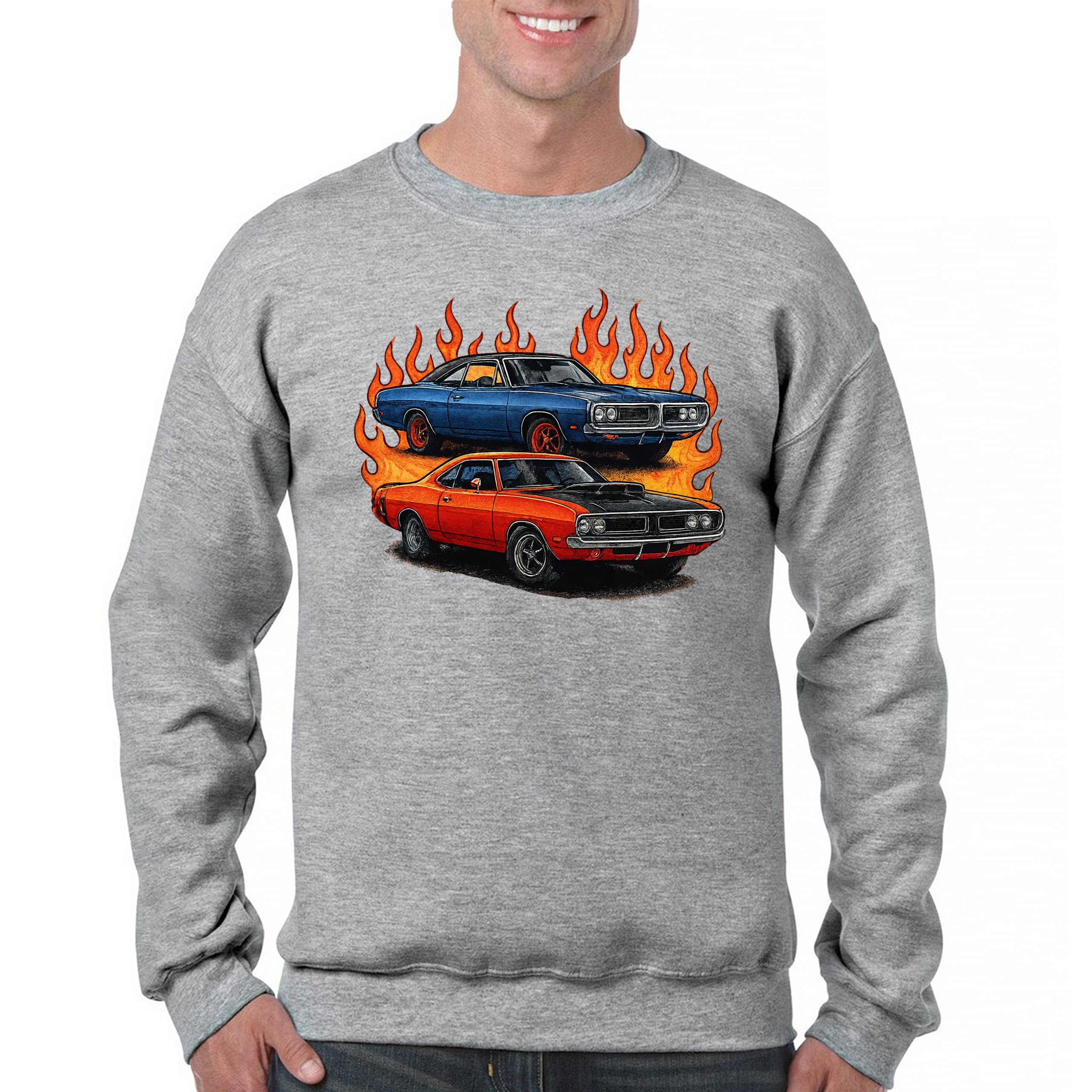 Classic American Muscle Car Flame Sweatshirt Vintage Horsepower V8 Crewneck - Picture 9 of 50