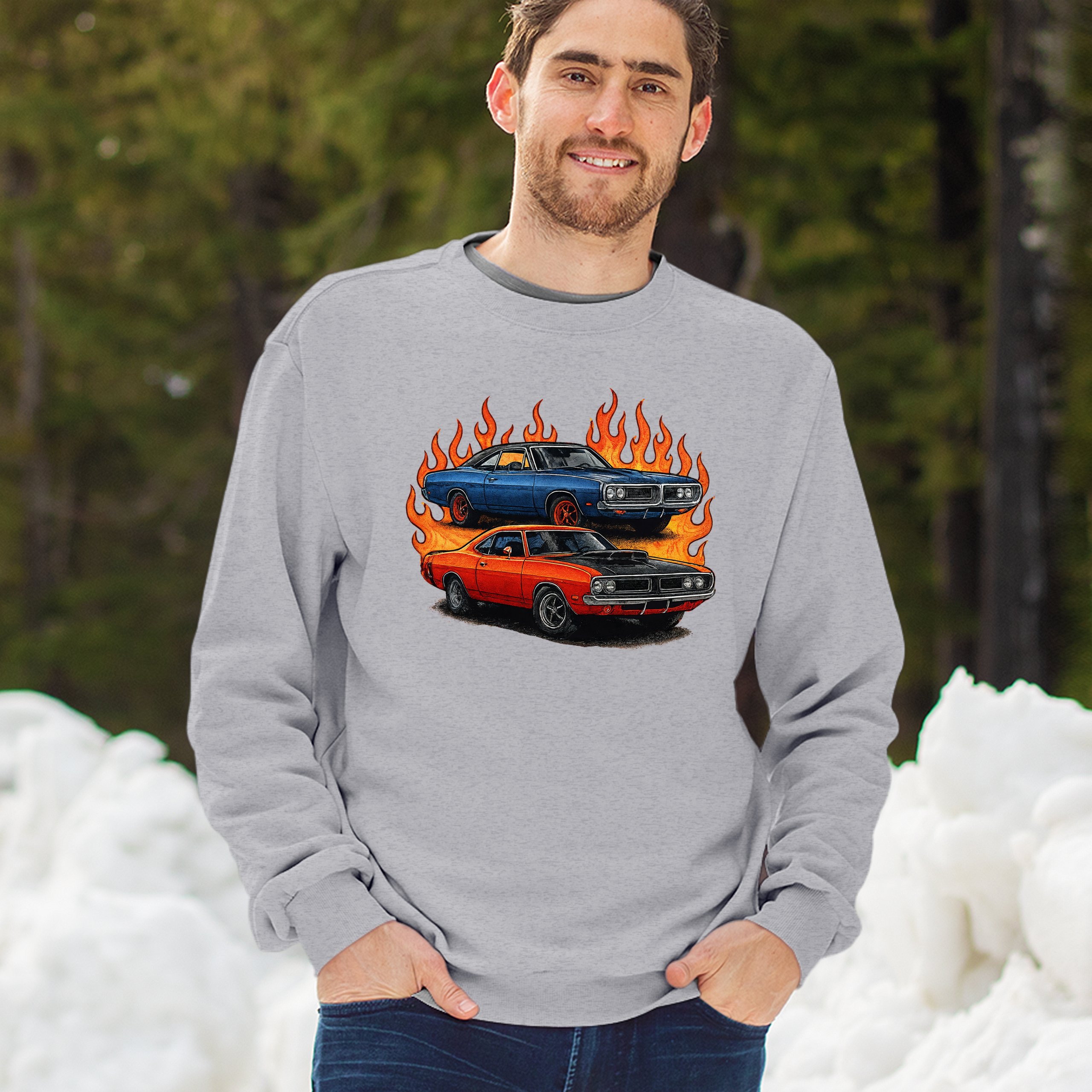 Classic American Muscle Car Flame Sweatshirt Vintage Horsepower V8 Crewneck - Picture 12 of 50