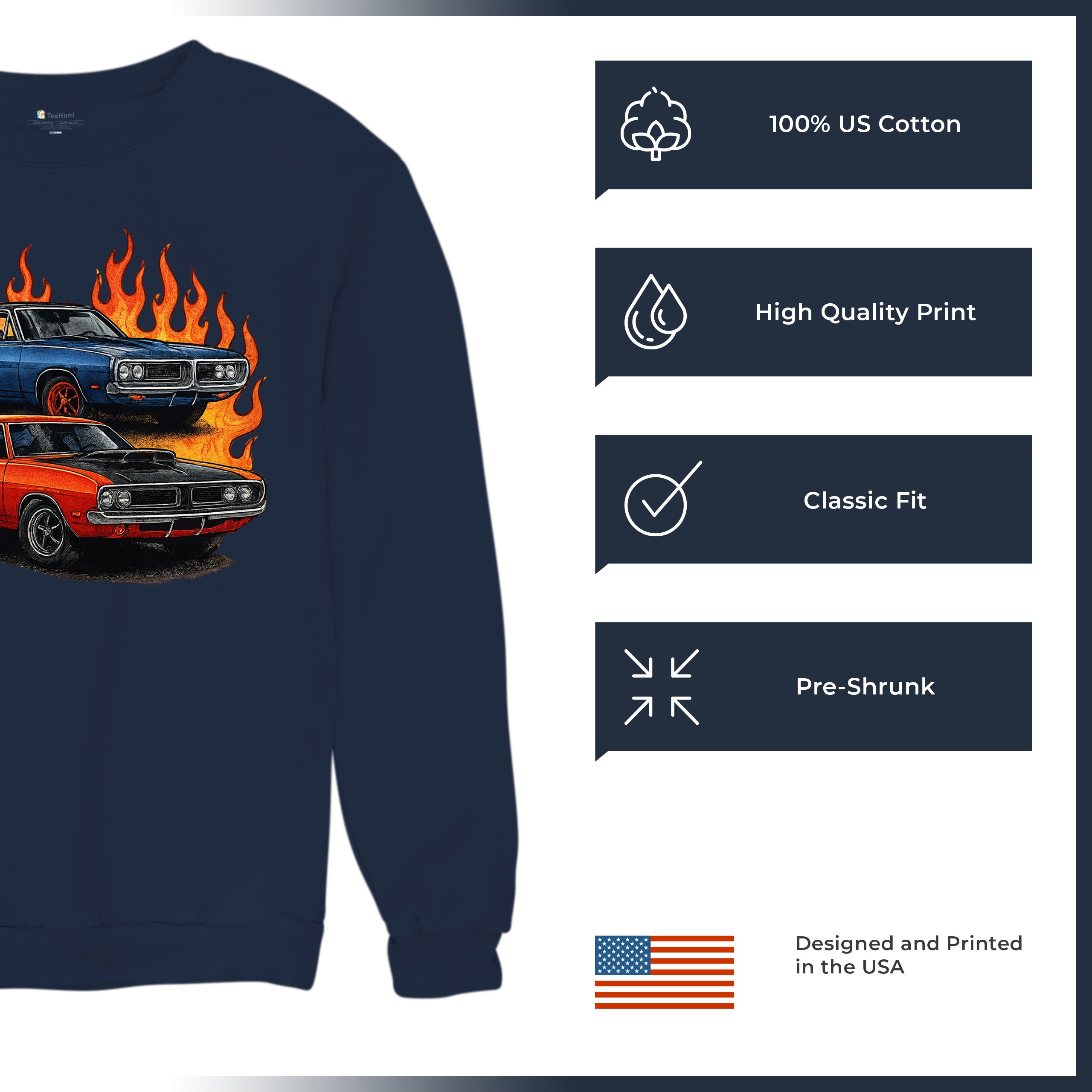 Classic American Muscle Car Flame Sweatshirt Vintage Horsepower V8 Crewneck - Picture 35 of 50