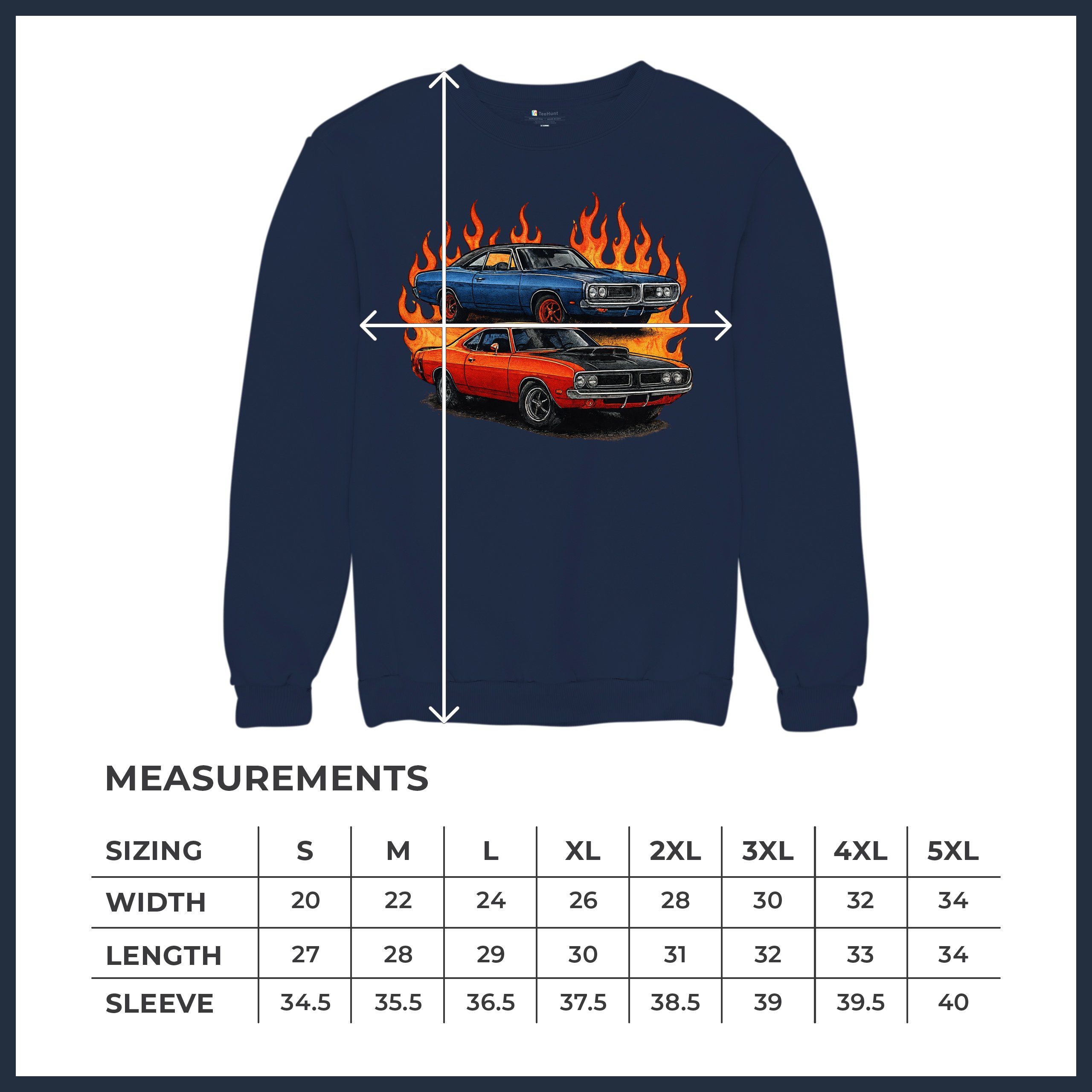 Classic American Muscle Car Flame Sweatshirt Vintage Horsepower V8 Crewneck - Picture 36 of 50