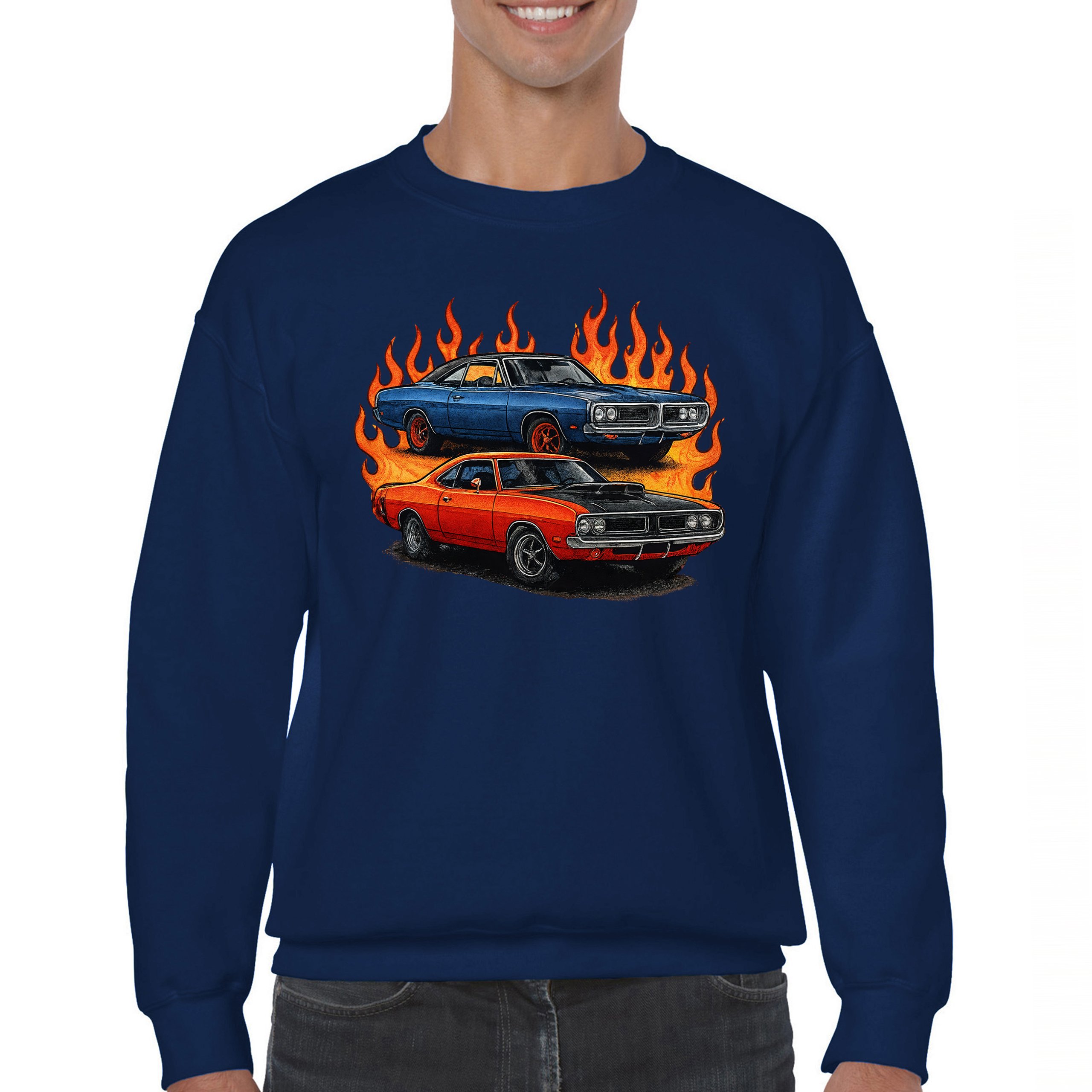 Classic American Muscle Car Flame Sweatshirt Vintage Horsepower V8 Crewneck - Picture 30 of 50