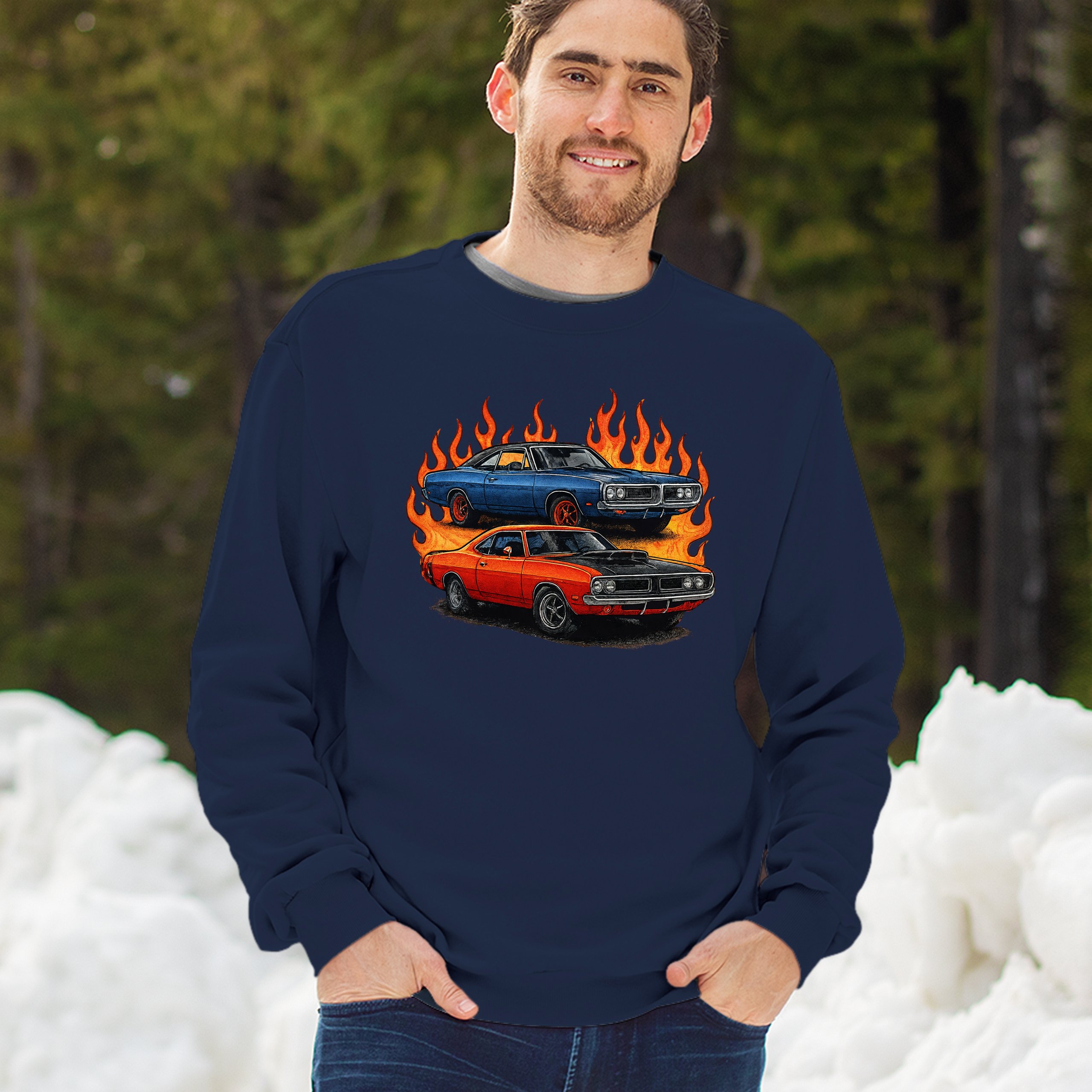 Classic American Muscle Car Flame Sweatshirt Vintage Horsepower V8 Crewneck - Picture 33 of 50