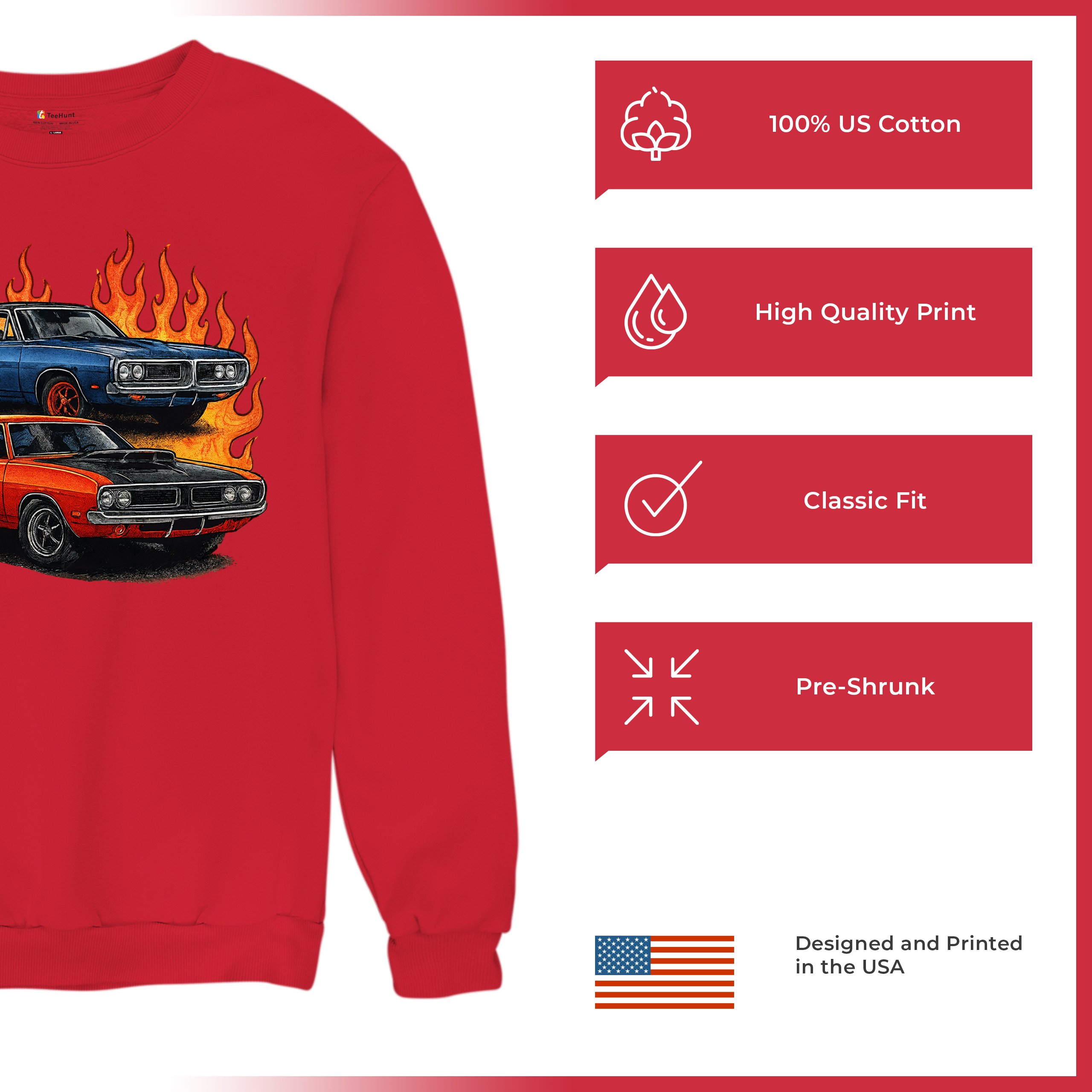 Classic American Muscle Car Flame Sweatshirt Vintage Horsepower V8 Crewneck - Picture 21 of 50