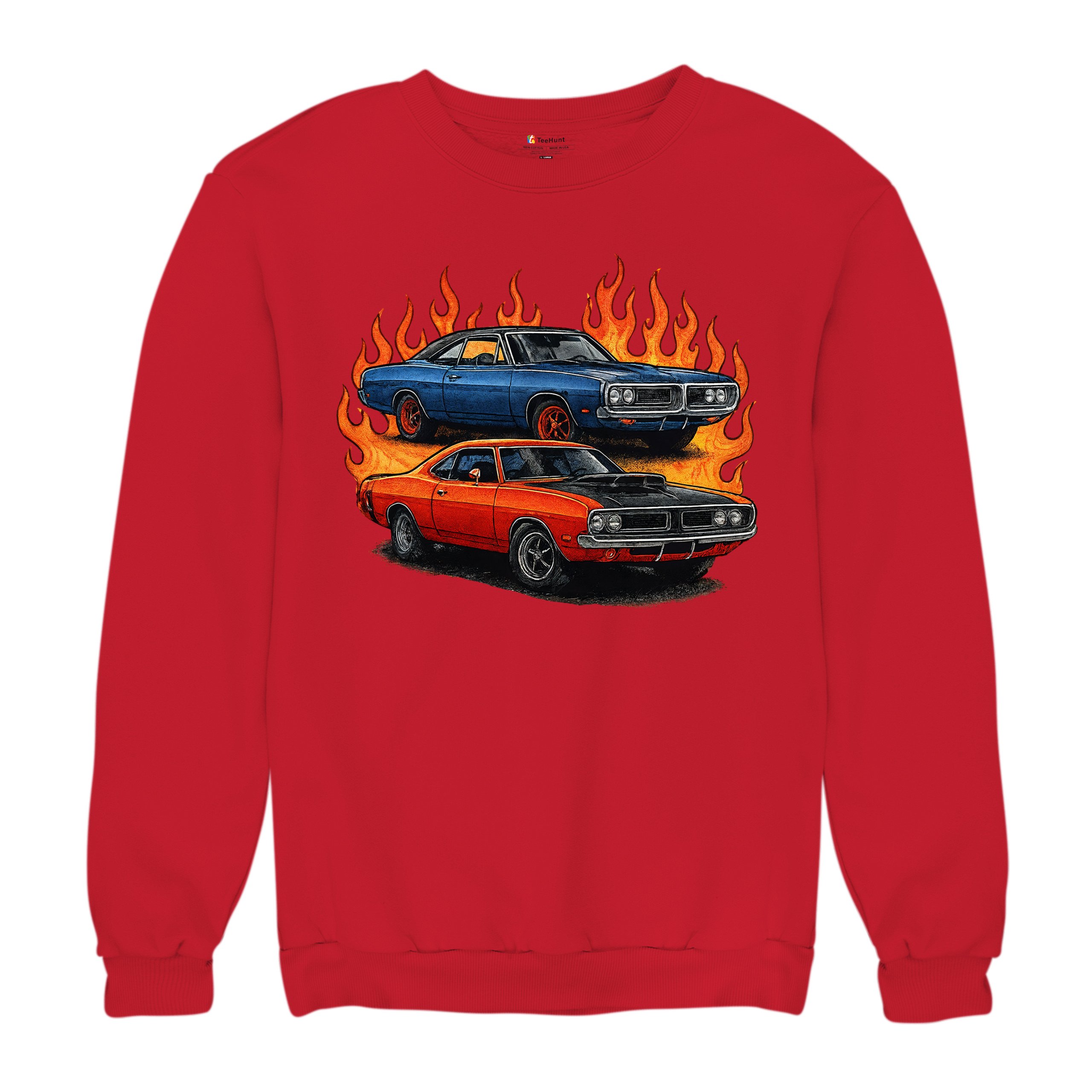 Classic American Muscle Car Flame Sweatshirt Vintage Horsepower V8 Crewneck - Picture 20 of 50