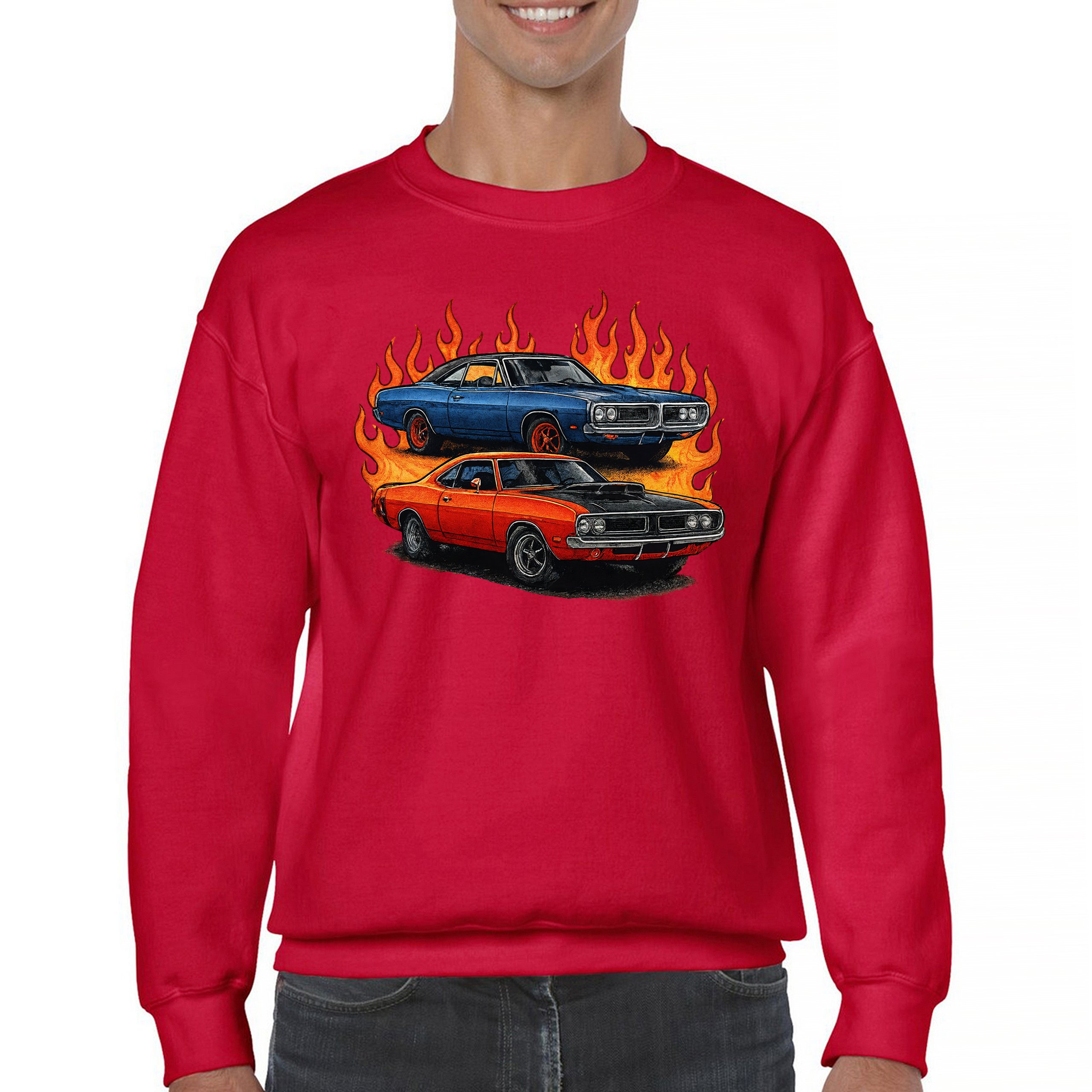 Classic American Muscle Car Flame Sweatshirt Vintage Horsepower V8 Crewneck - Picture 16 of 50