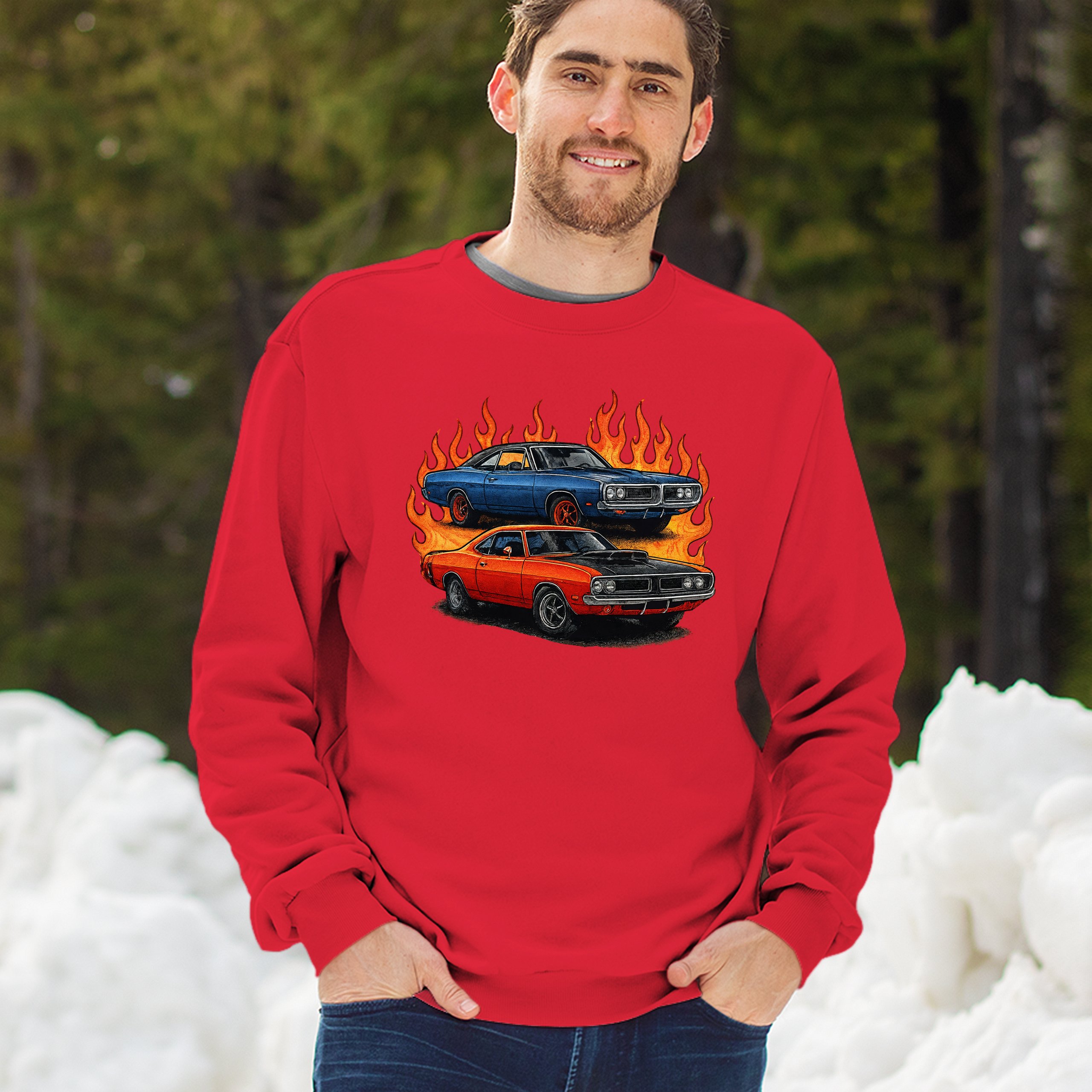 Classic American Muscle Car Flame Sweatshirt Vintage Horsepower V8 Crewneck - Picture 19 of 50