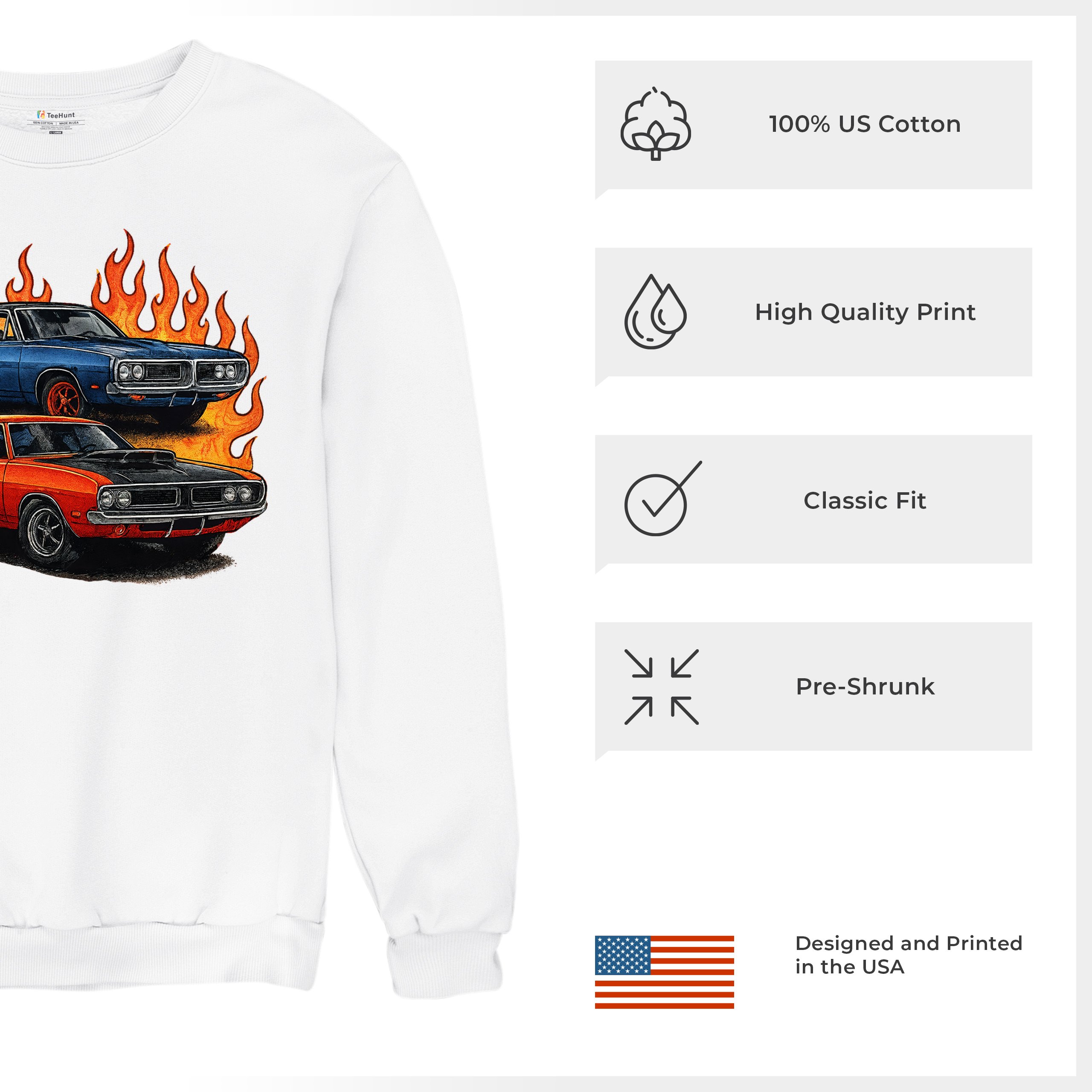Classic American Muscle Car Flame Sweatshirt Vintage Horsepower V8 Crewneck - Picture 28 of 50