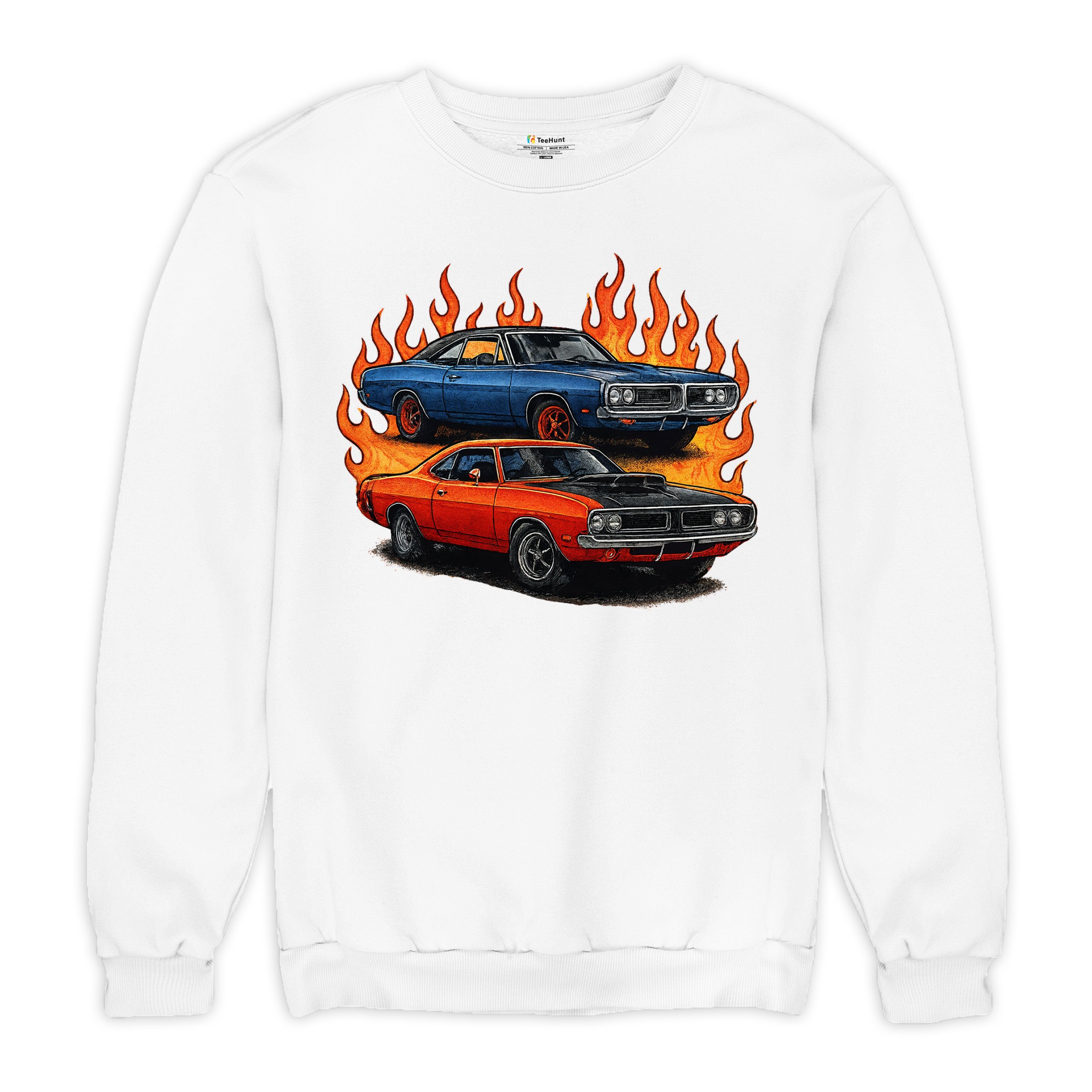 Classic American Muscle Car Flame Sweatshirt Vintage Horsepower V8 Crewneck - Picture 27 of 50