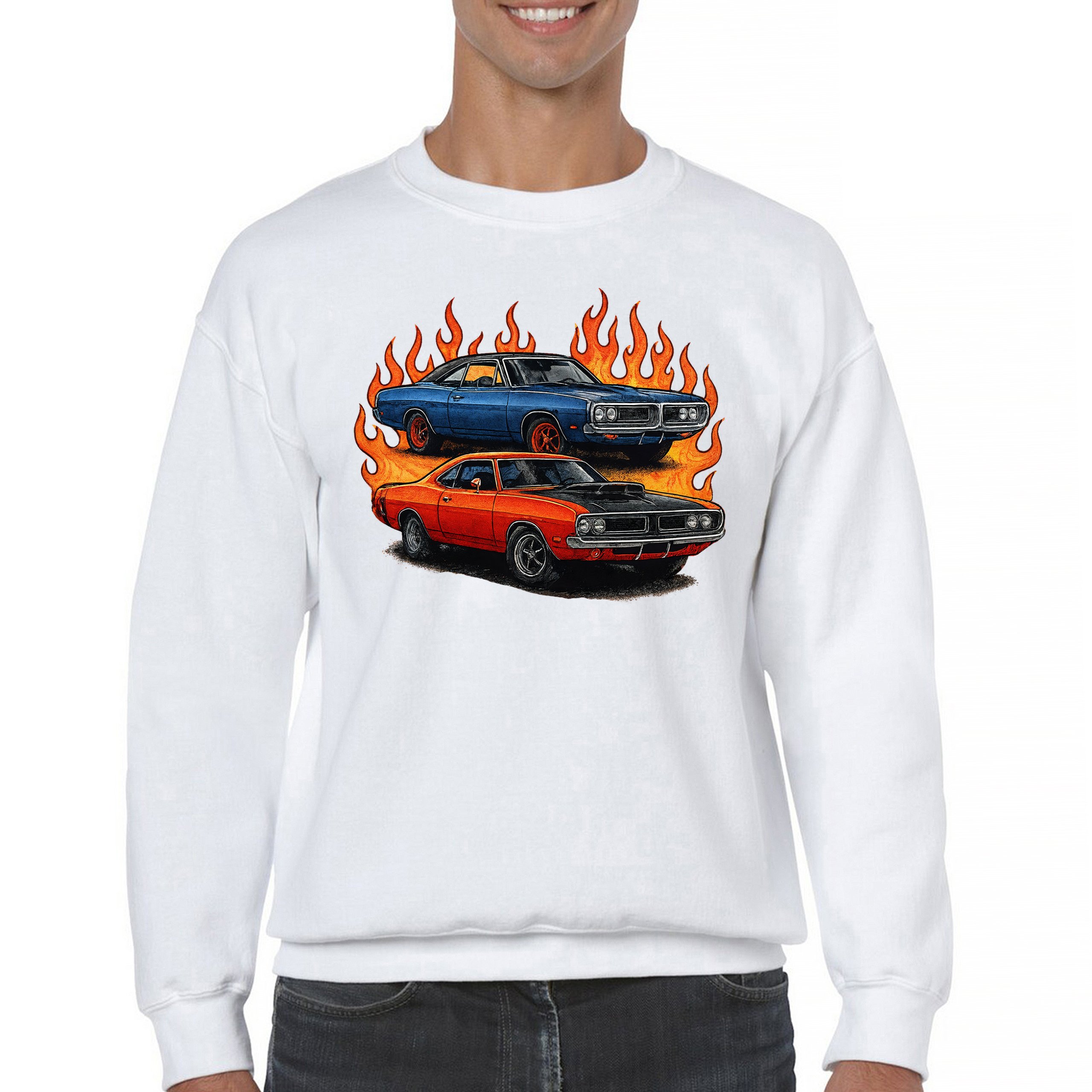 Classic American Muscle Car Flame Sweatshirt Vintage Horsepower V8 Crewneck - Picture 23 of 50