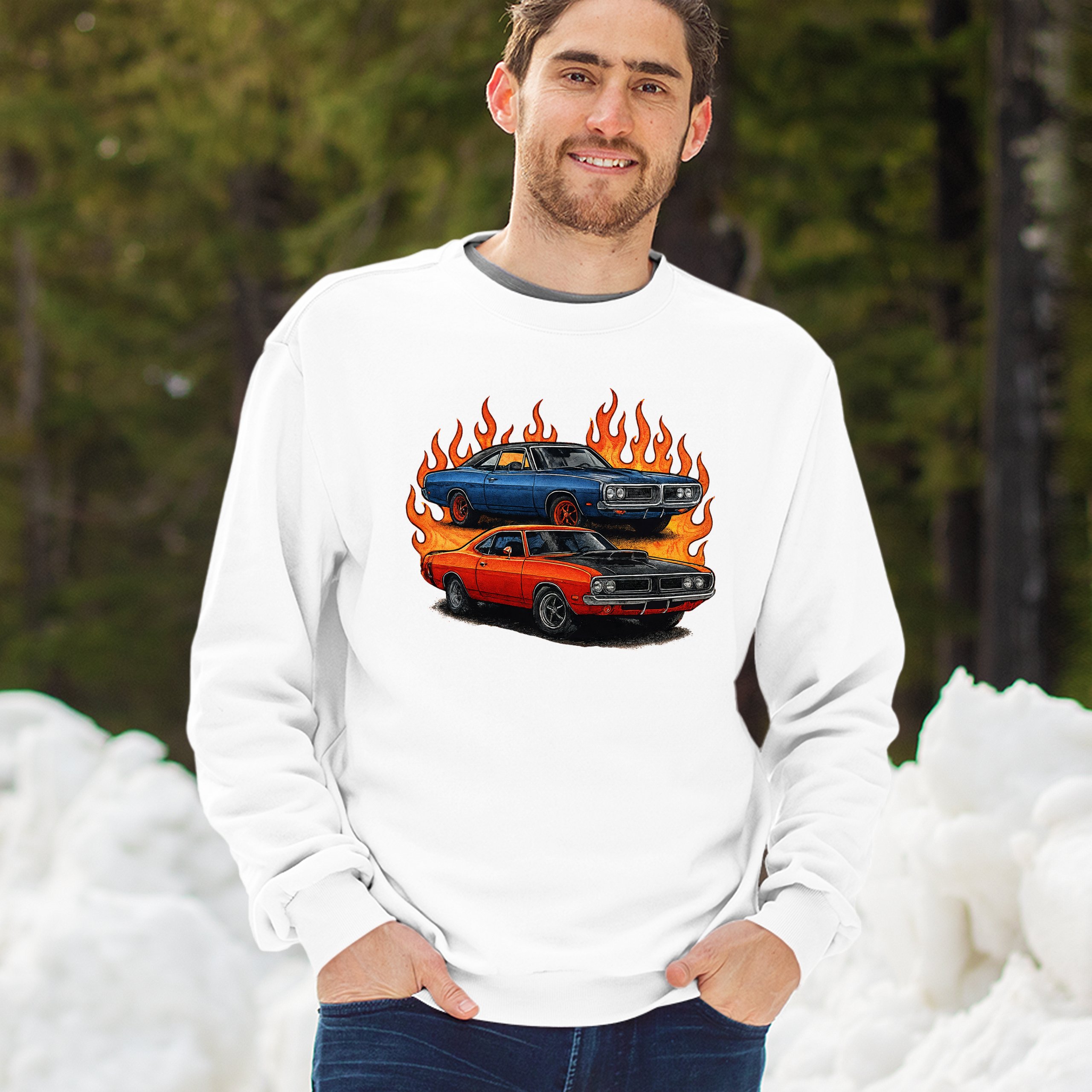 Classic American Muscle Car Flame Sweatshirt Vintage Horsepower V8 Crewneck - Picture 26 of 50