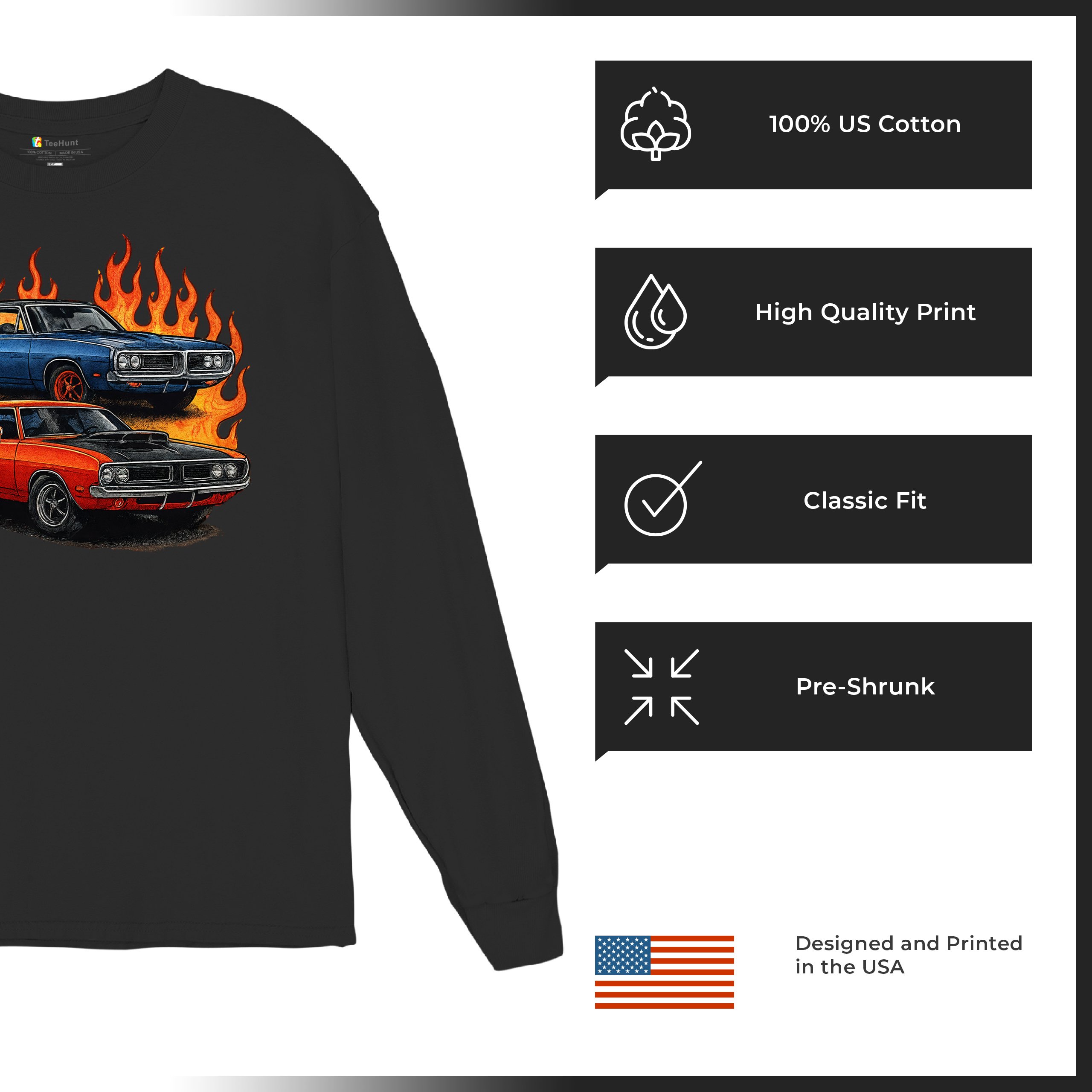 Classic American Muscle Car Flame Long Sleeve T-shirt Vintage Horsepower V8 - Picture 7 of 78