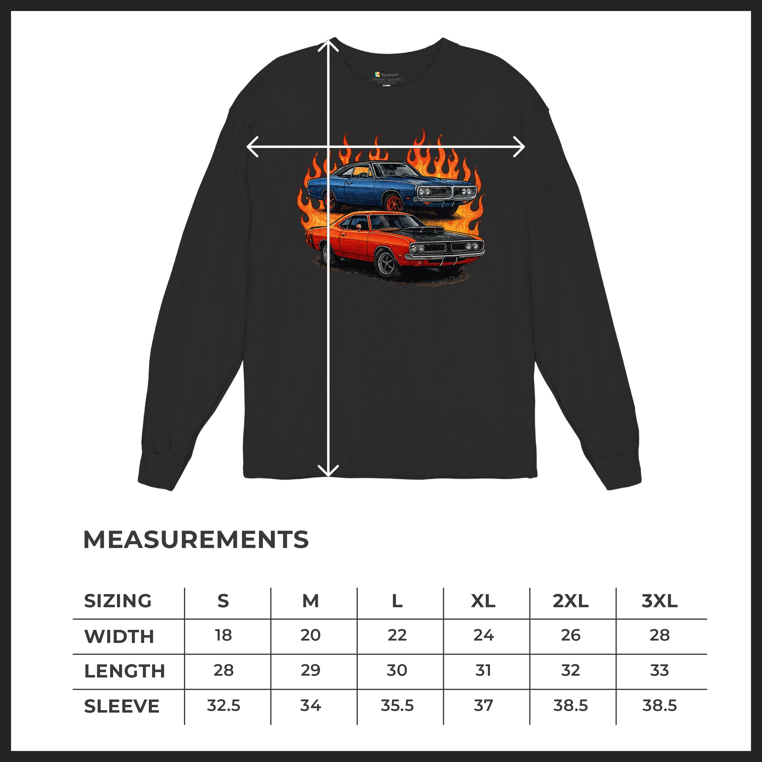Classic American Muscle Car Flame Long Sleeve T-shirt Vintage Horsepower V8 - Picture 8 of 78