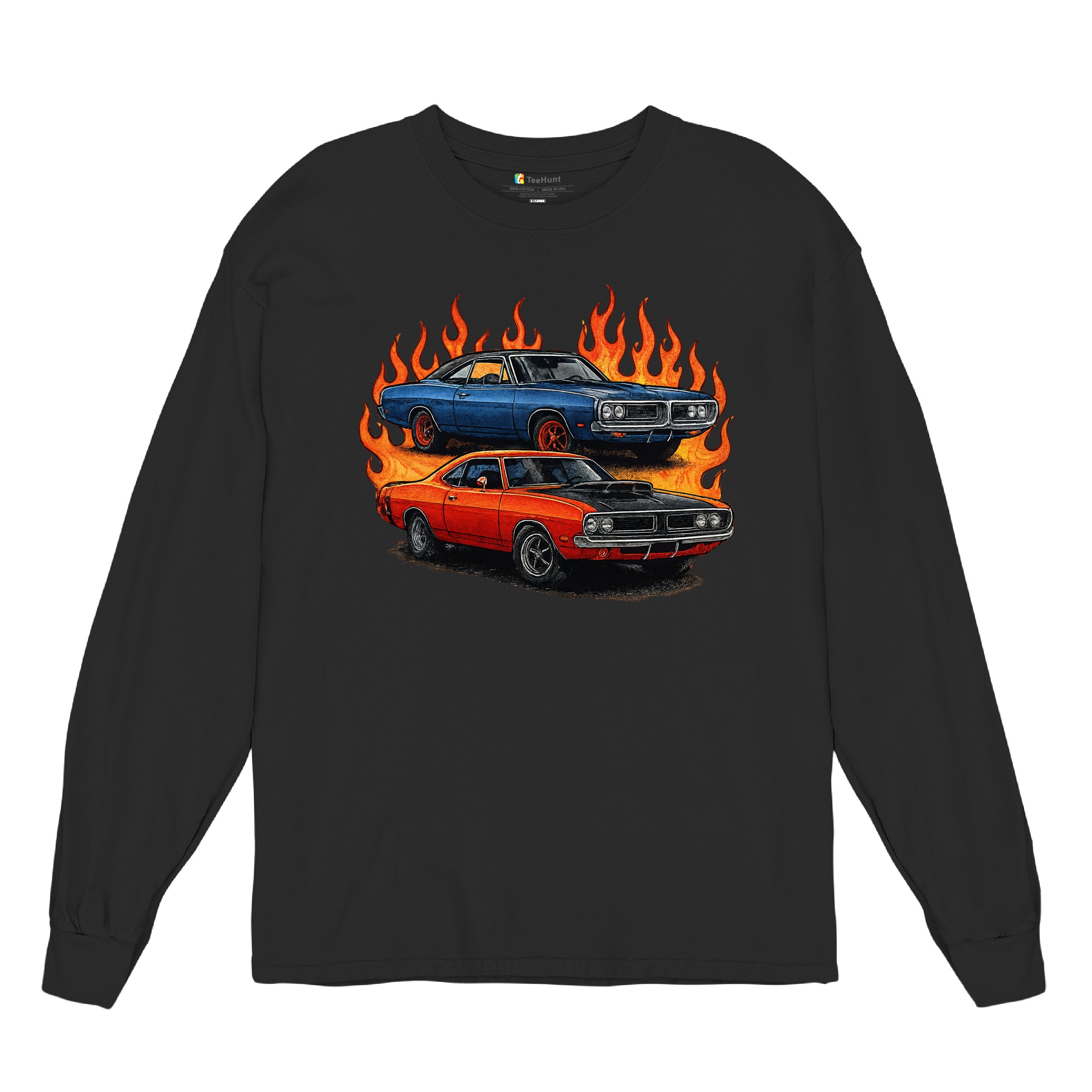 Classic American Muscle Car Flame Long Sleeve T-shirt Vintage Horsepower V8 - Picture 6 of 78