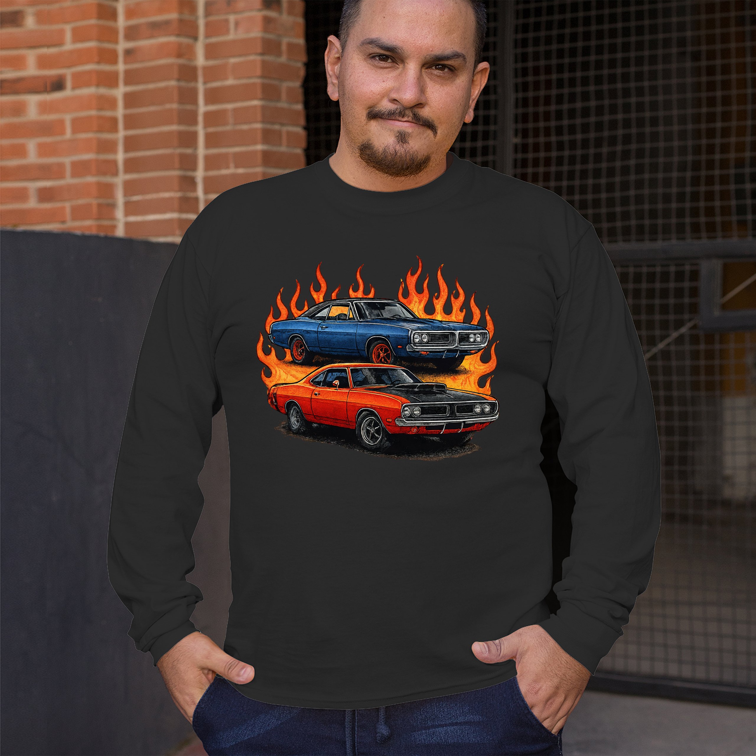 Classic American Muscle Car Flame Long Sleeve T-shirt Vintage Horsepower V8 - Picture 5 of 78