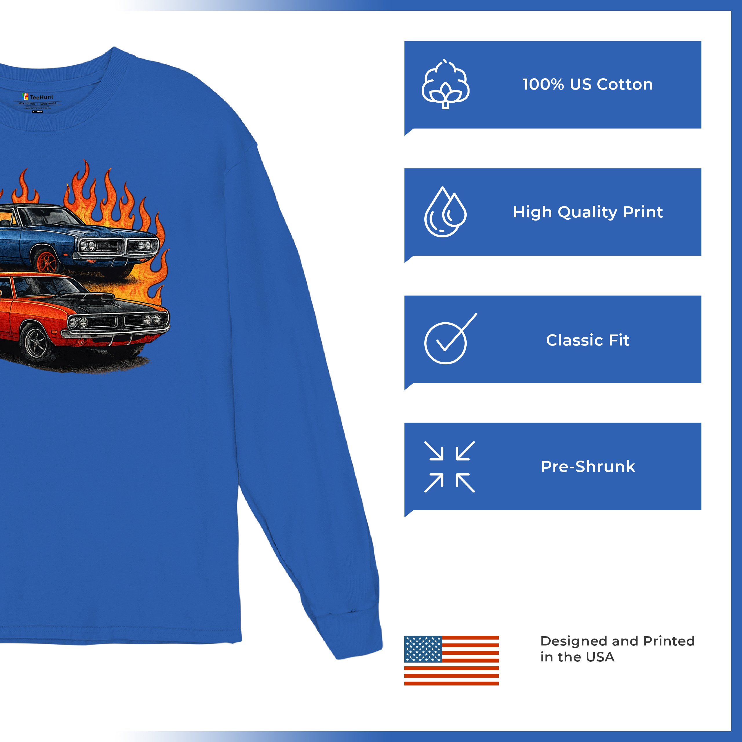 Classic American Muscle Car Flame Long Sleeve T-shirt Vintage Horsepower V8 - Picture 63 of 78