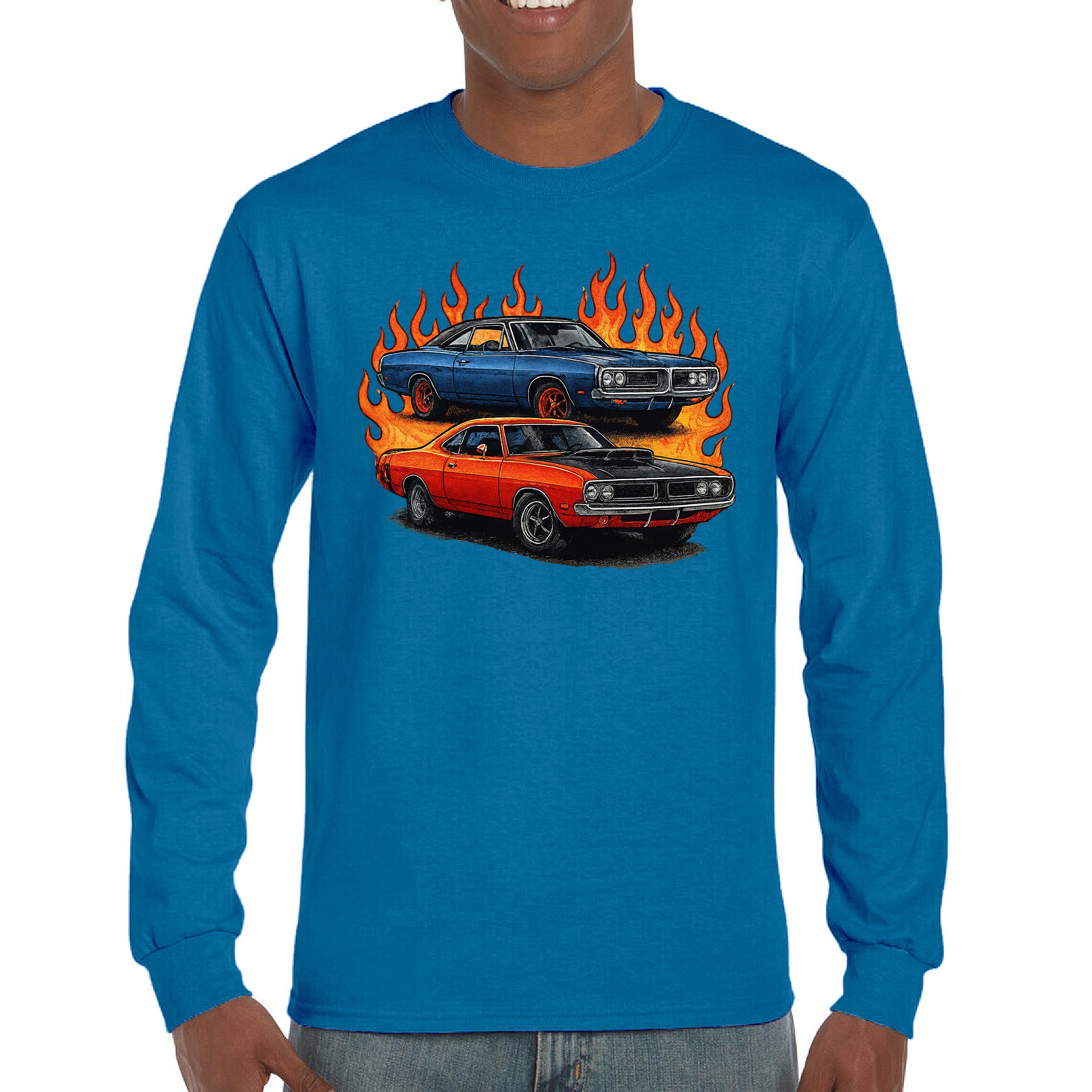 Classic American Muscle Car Flame Long Sleeve T-shirt Vintage Horsepower V8 - Picture 58 of 78