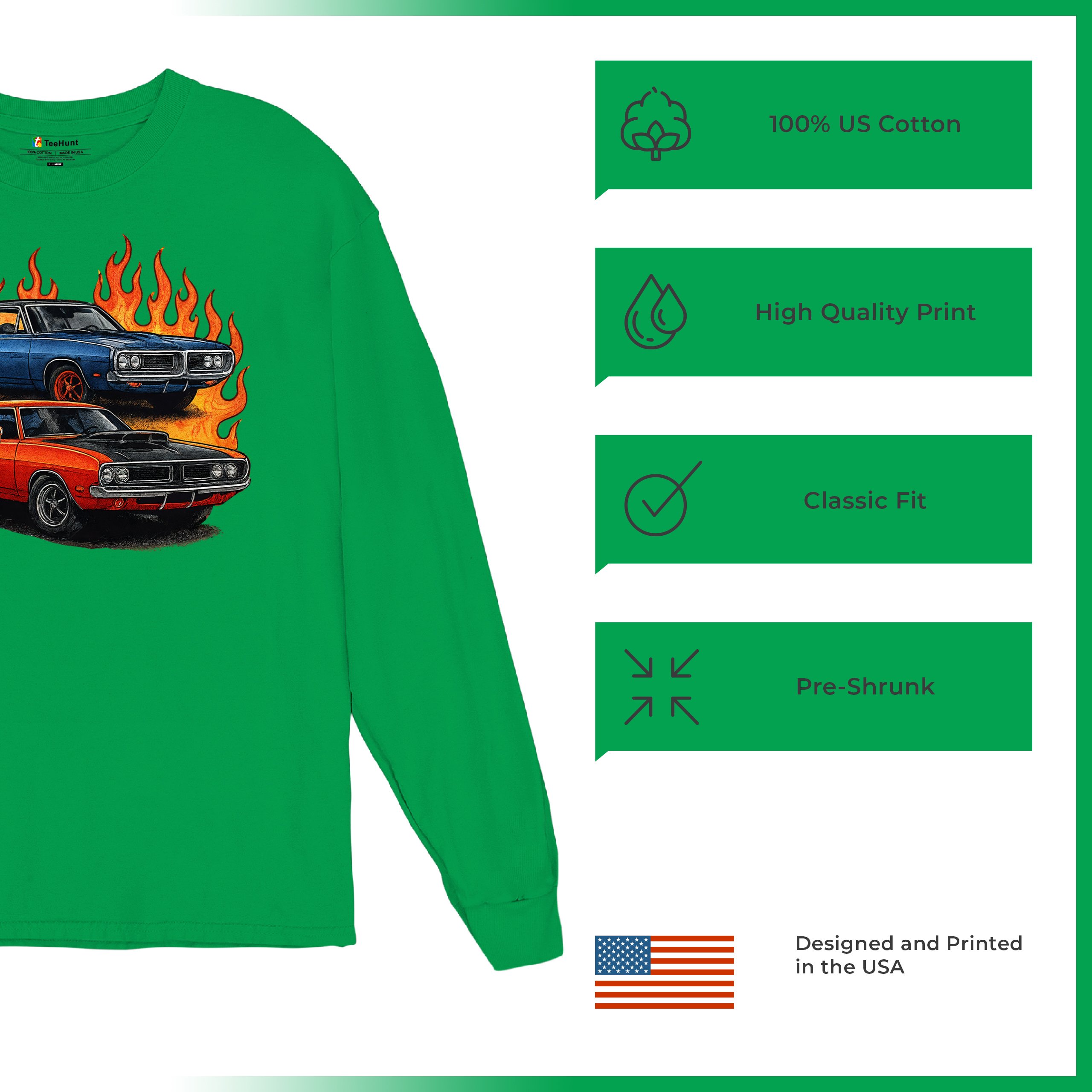 Classic American Muscle Car Flame Long Sleeve T-shirt Vintage Horsepower V8 - Picture 49 of 78