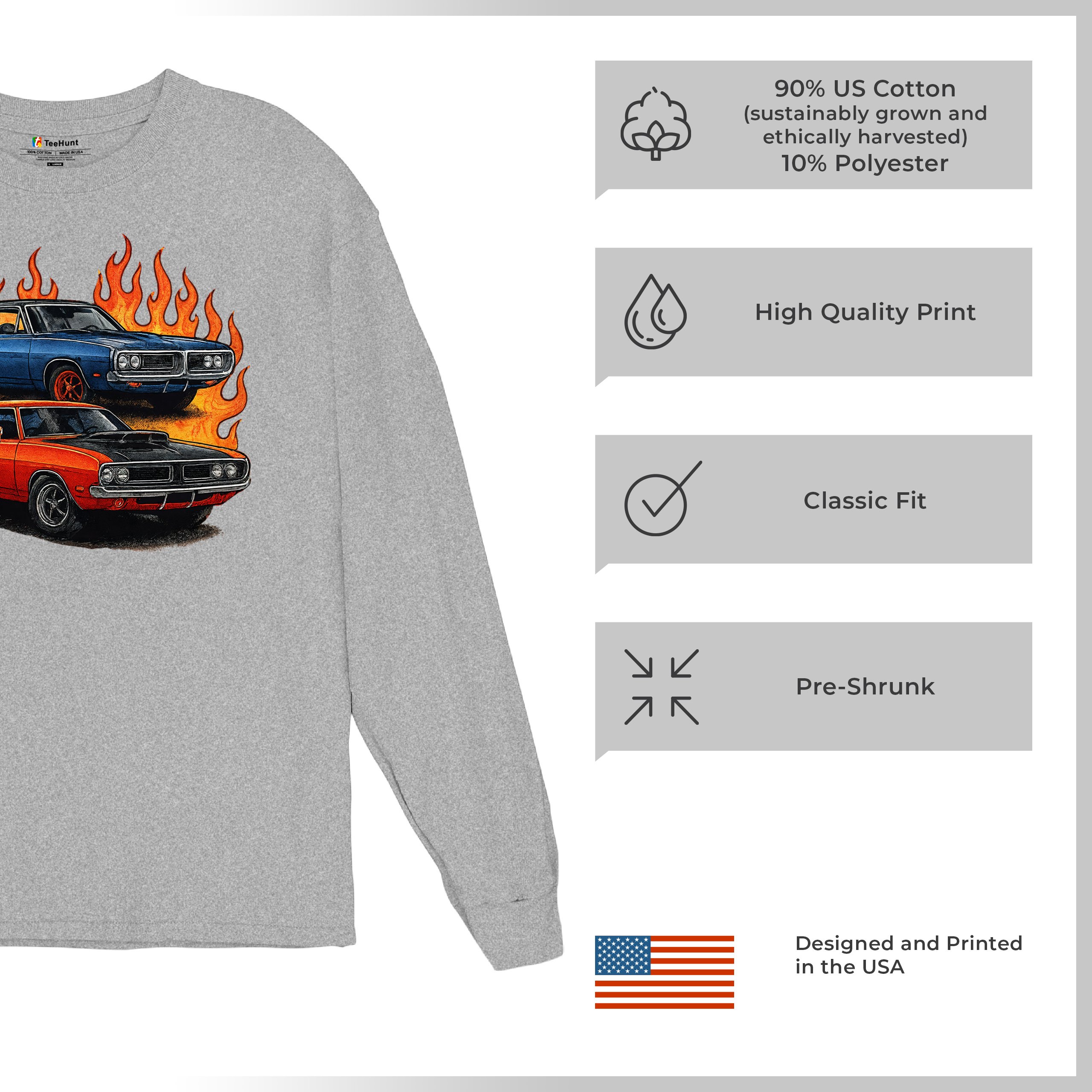 Classic American Muscle Car Flame Long Sleeve T-shirt Vintage Horsepower V8 - Picture 14 of 78