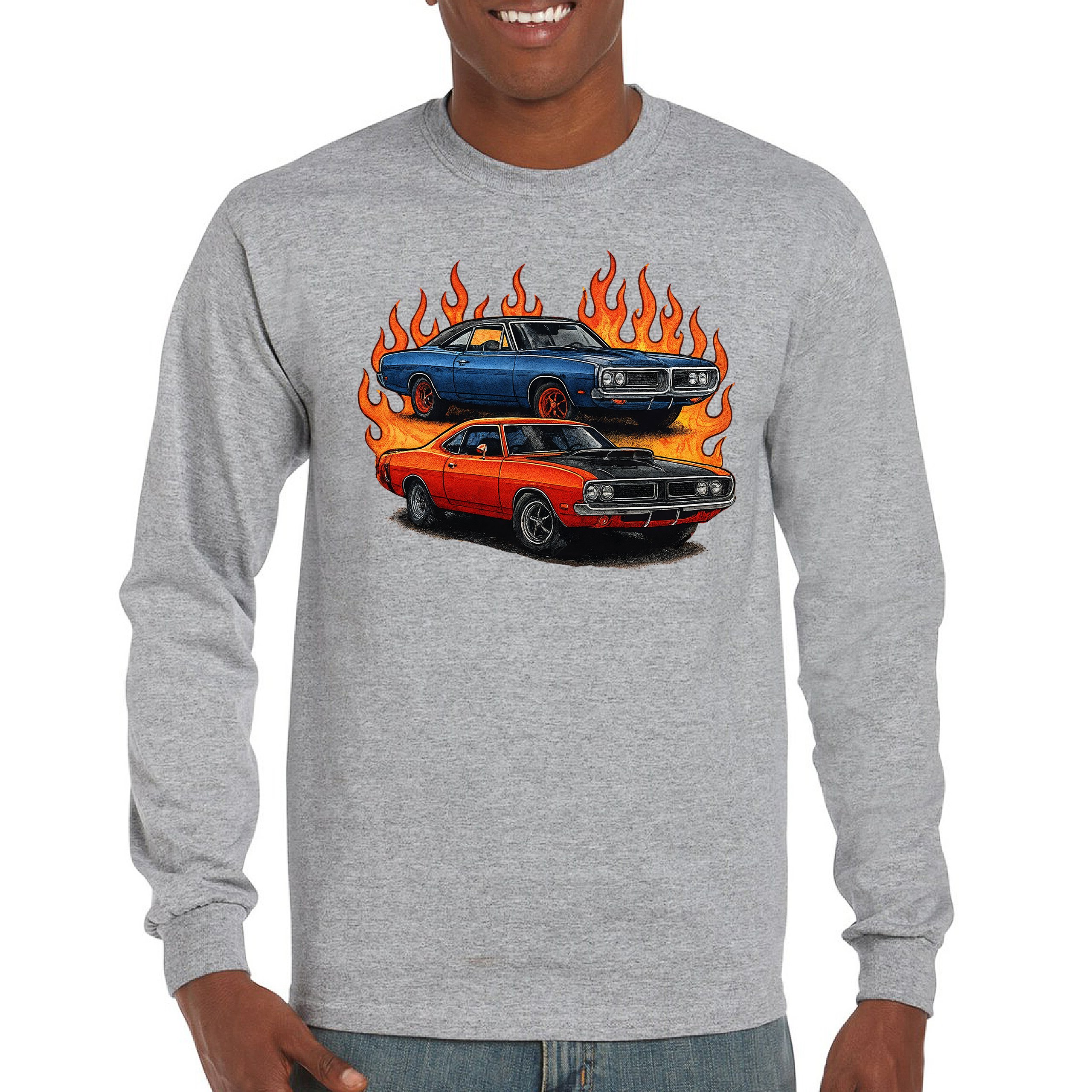Classic American Muscle Car Flame Long Sleeve T-shirt Vintage Horsepower V8 - Picture 9 of 78