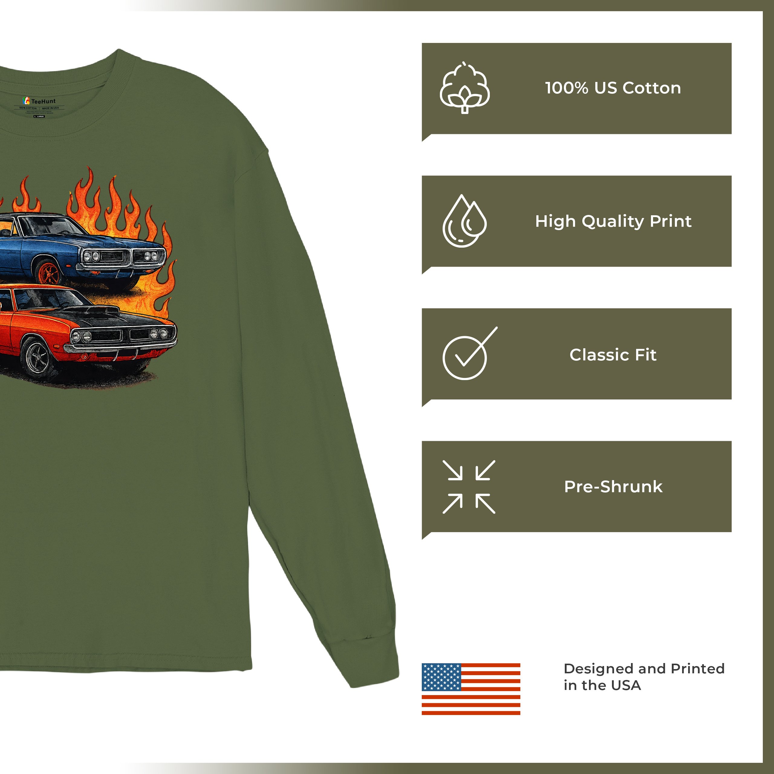 Classic American Muscle Car Flame Long Sleeve T-shirt Vintage Horsepower V8 - Picture 56 of 78