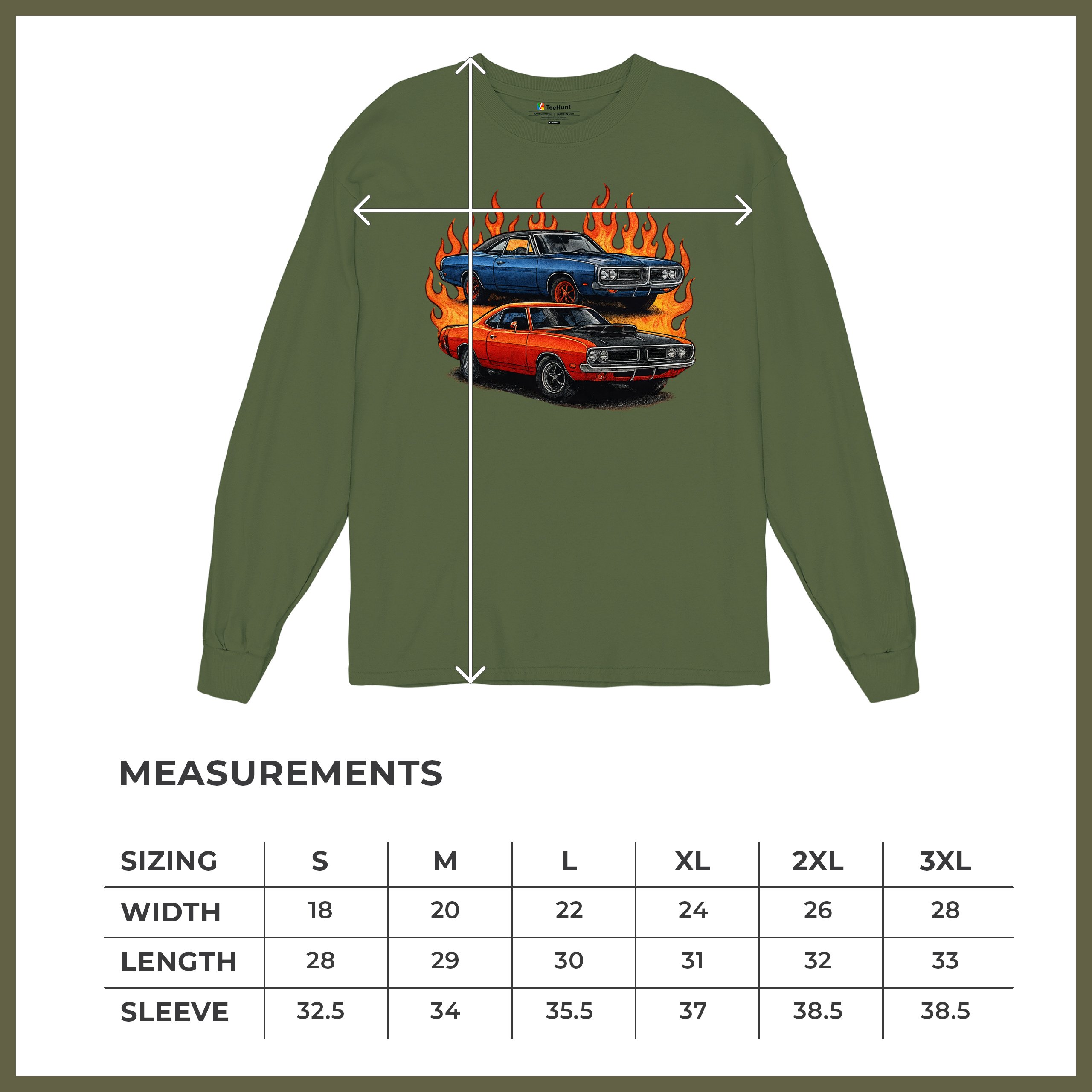 Classic American Muscle Car Flame Long Sleeve T-shirt Vintage Horsepower V8 - Picture 57 of 78