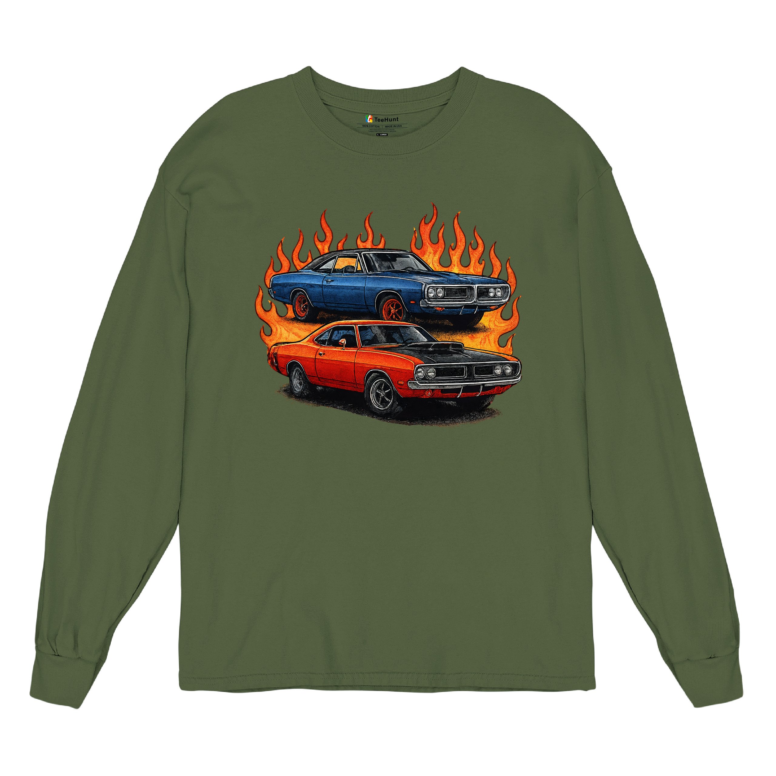 Classic American Muscle Car Flame Long Sleeve T-shirt Vintage Horsepower V8 - Picture 55 of 78