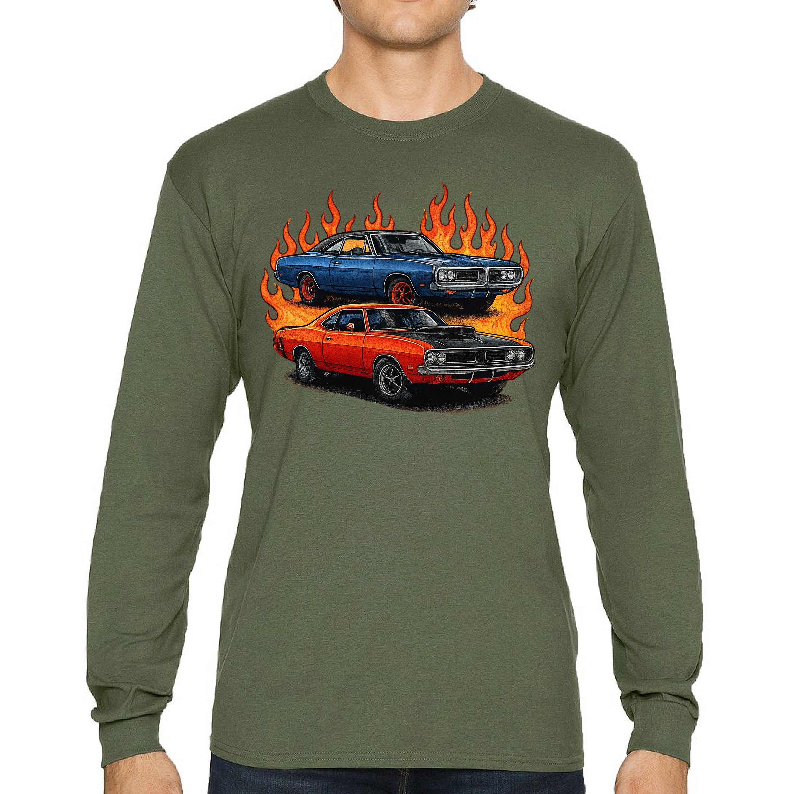 Classic American Muscle Car Flame Long Sleeve T-shirt Vintage Horsepower V8 - Picture 51 of 78