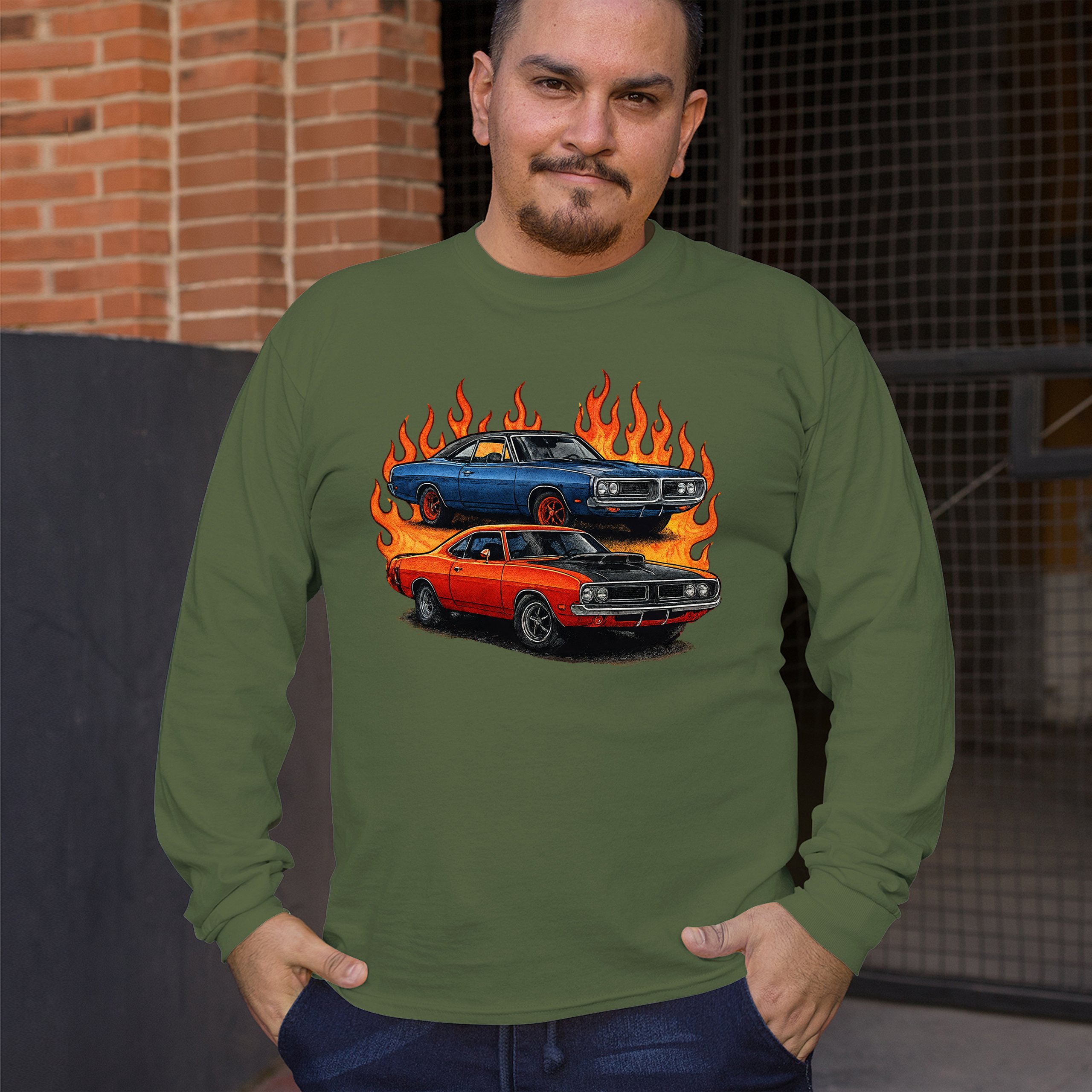 Classic American Muscle Car Flame Long Sleeve T-shirt Vintage Horsepower V8 - Picture 54 of 78
