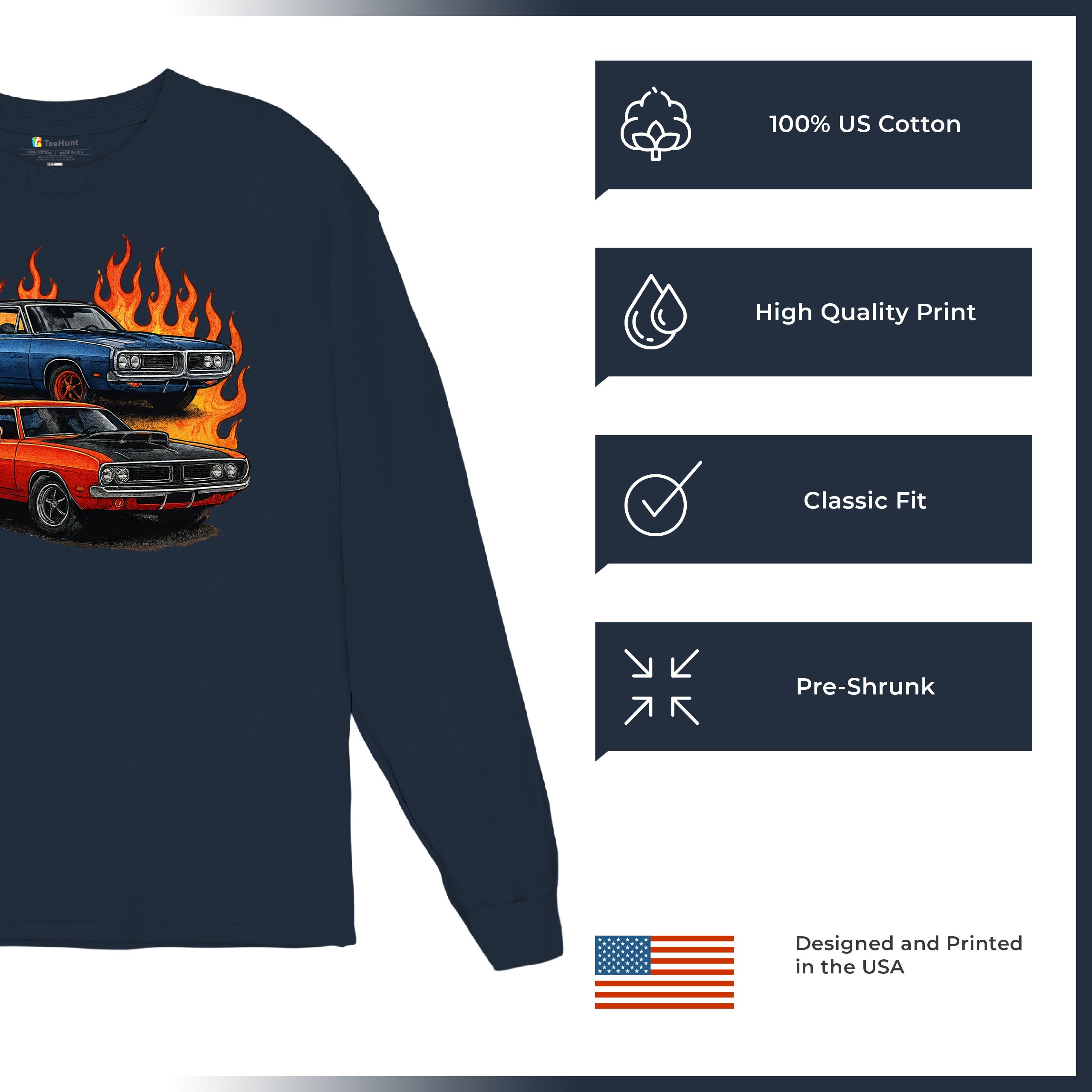 Classic American Muscle Car Flame Long Sleeve T-shirt Vintage Horsepower V8 - Picture 42 of 78