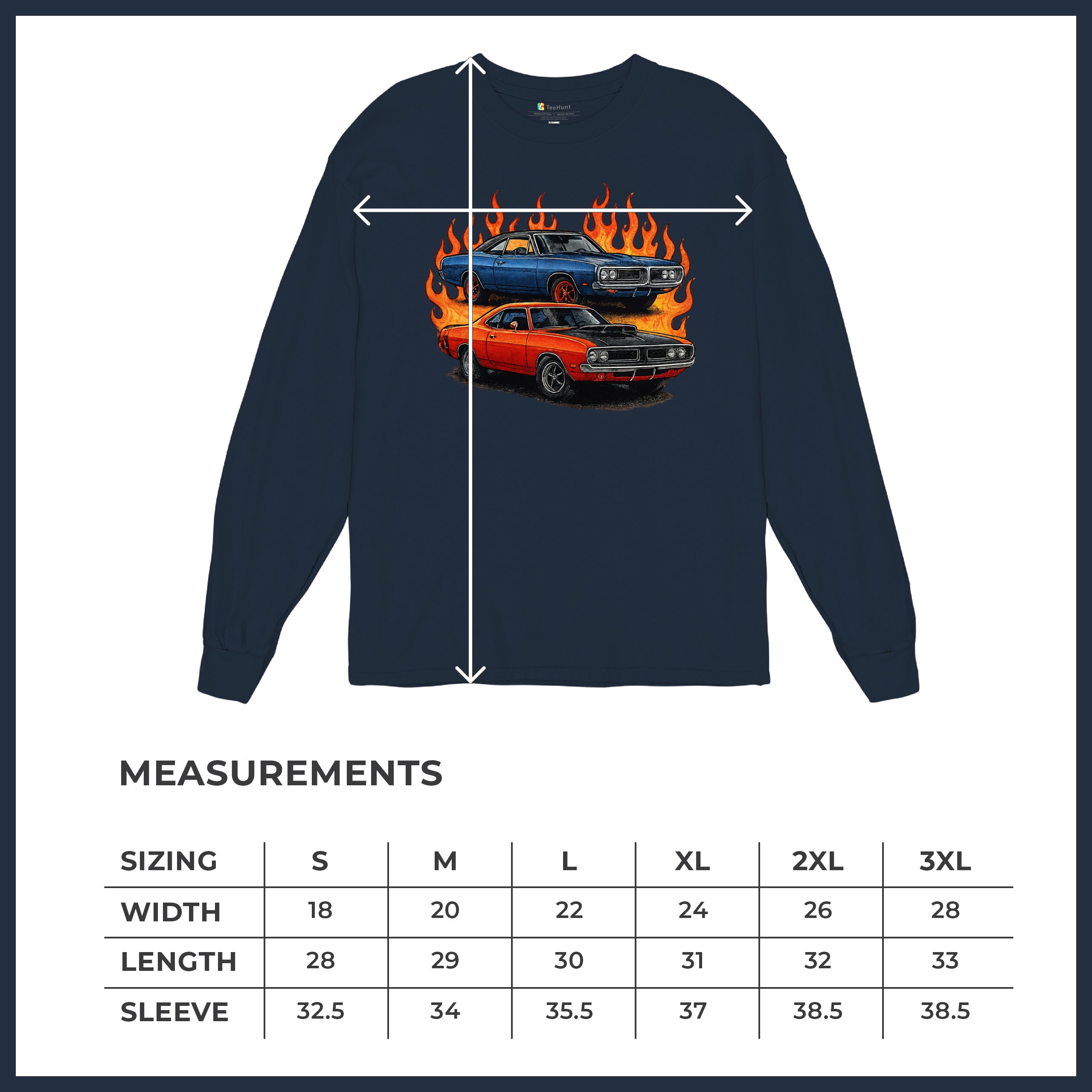 Classic American Muscle Car Flame Long Sleeve T-shirt Vintage Horsepower V8 - Picture 43 of 78