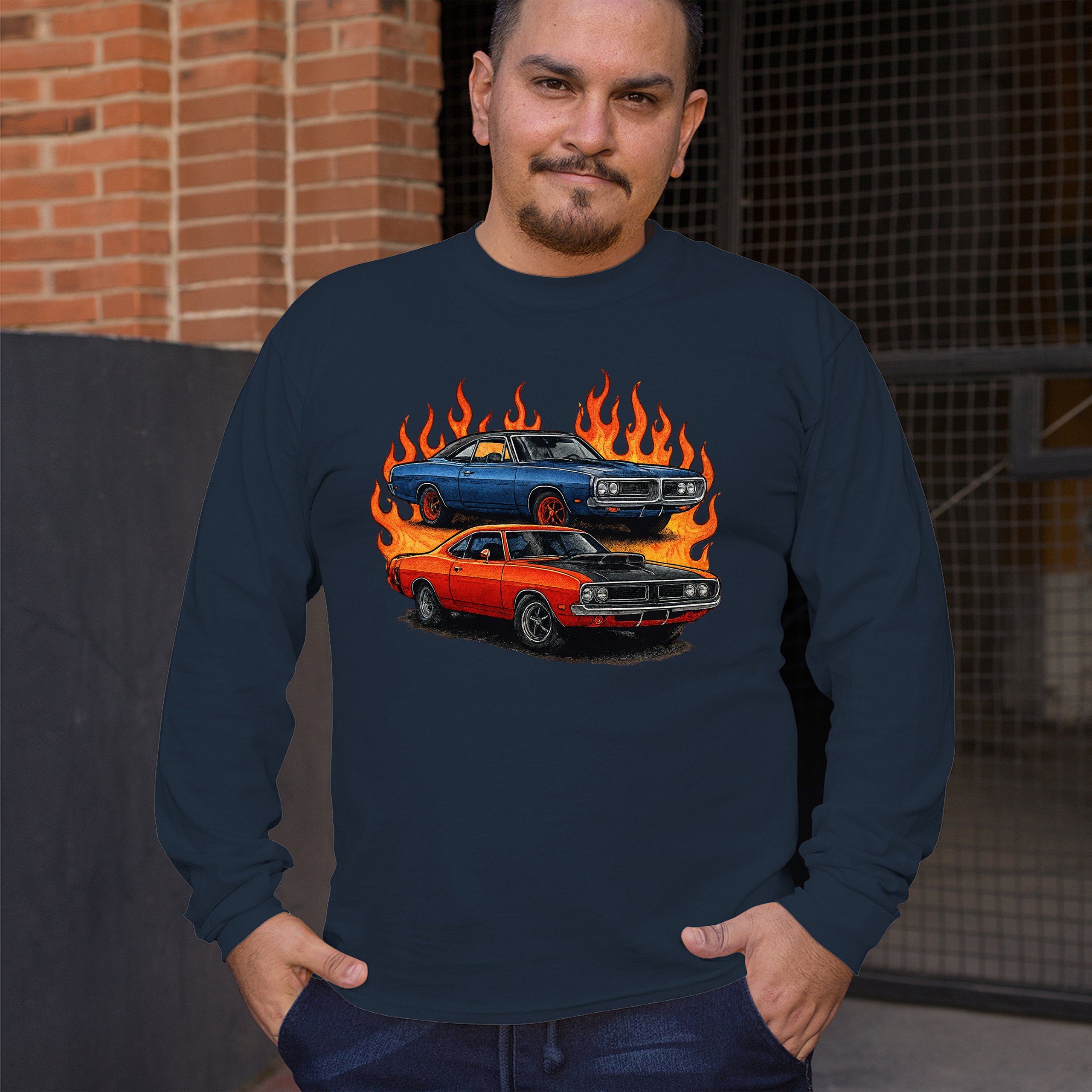 Classic American Muscle Car Flame Long Sleeve T-shirt Vintage Horsepower V8 - Picture 40 of 78