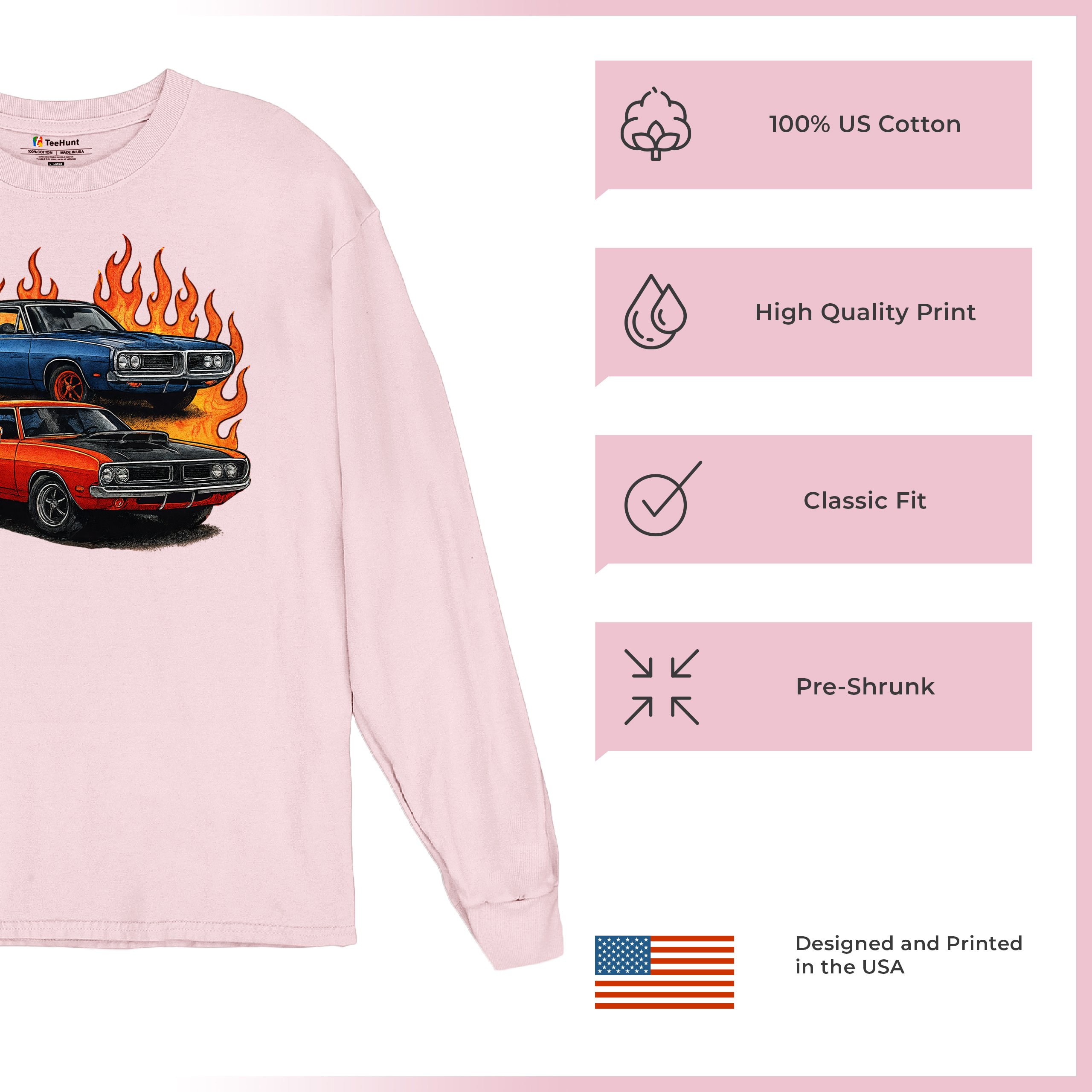 Classic American Muscle Car Flame Long Sleeve T-shirt Vintage Horsepower V8 - Picture 77 of 78