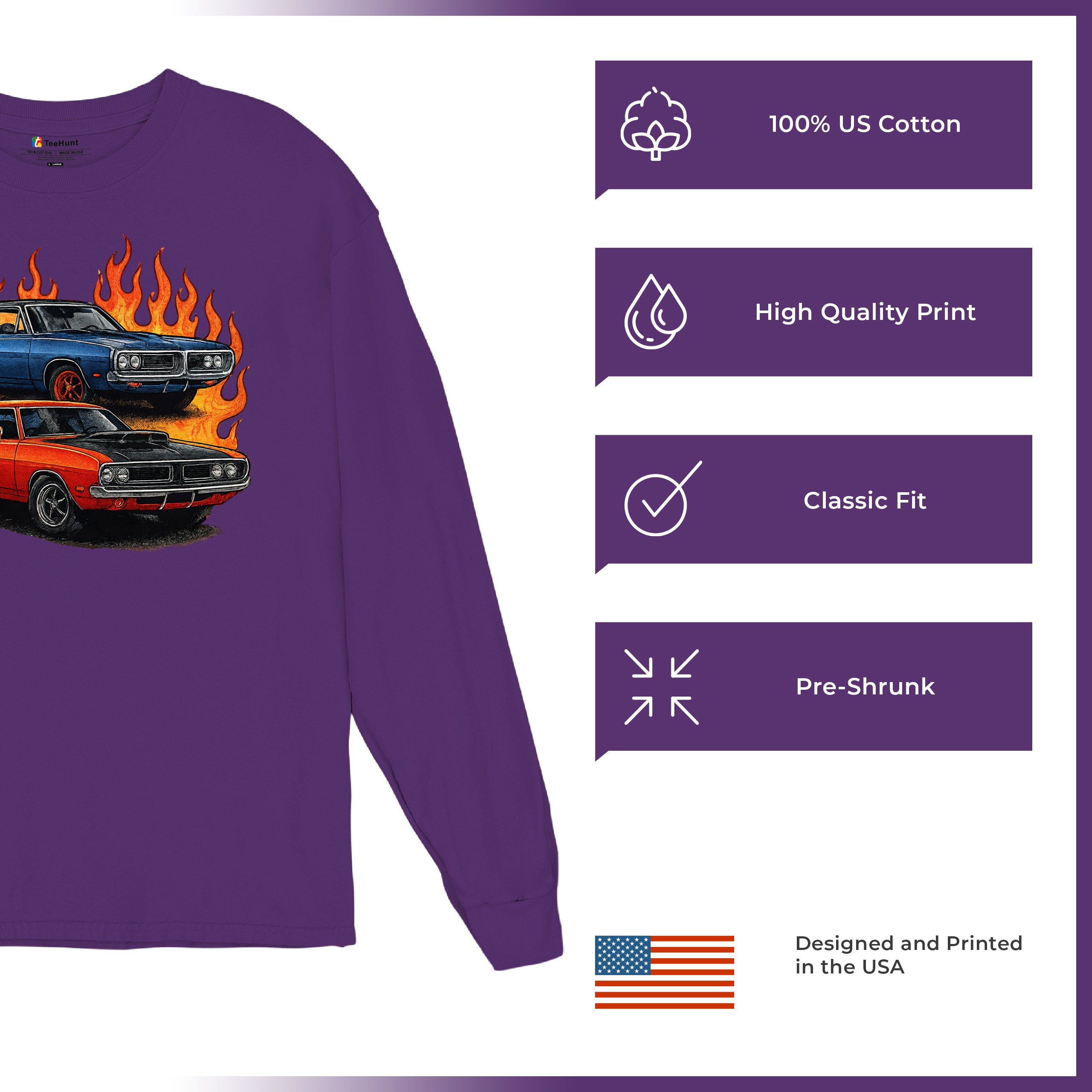 Classic American Muscle Car Flame Long Sleeve T-shirt Vintage Horsepower V8 - Picture 21 of 78