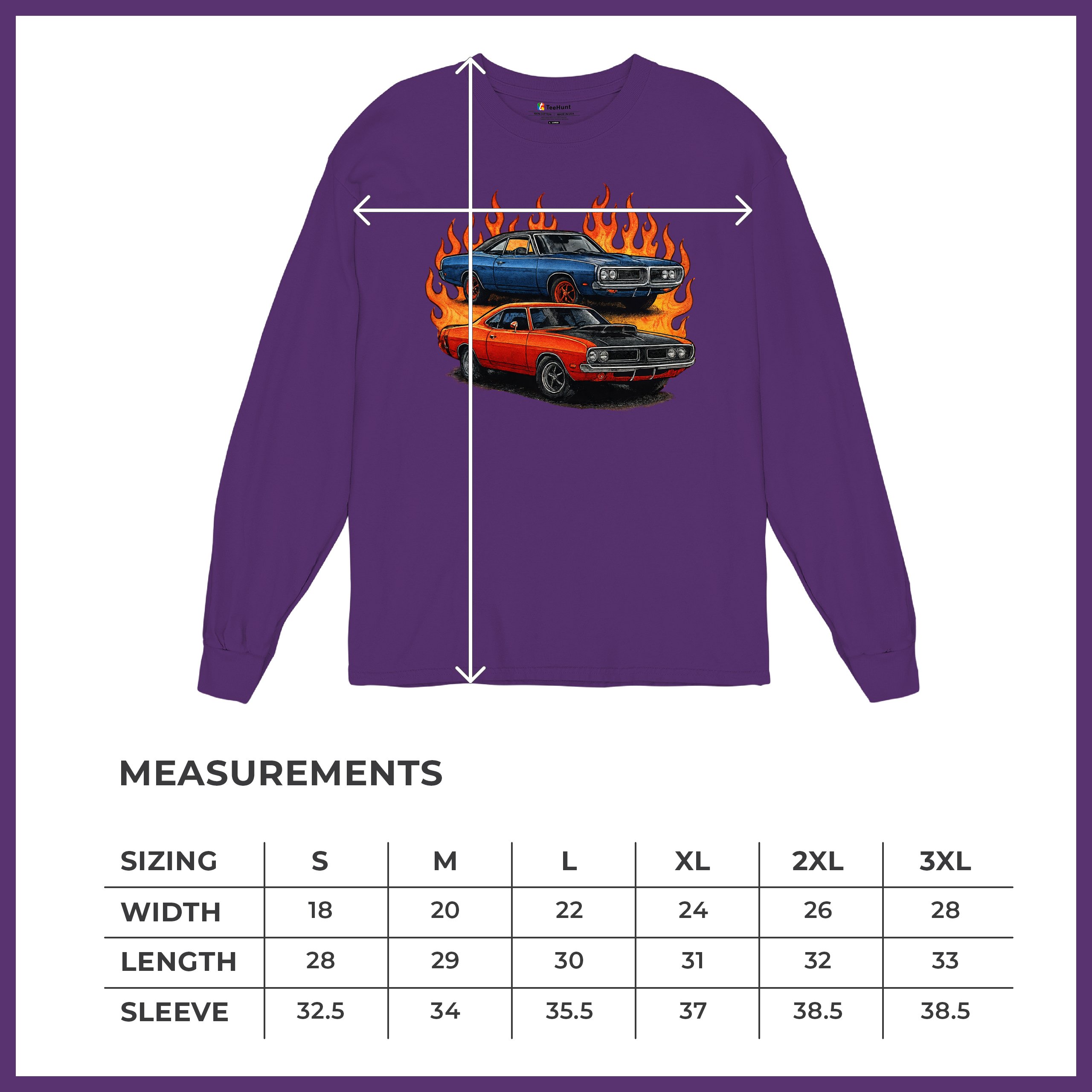 Classic American Muscle Car Flame Long Sleeve T-shirt Vintage Horsepower V8 - Picture 22 of 78