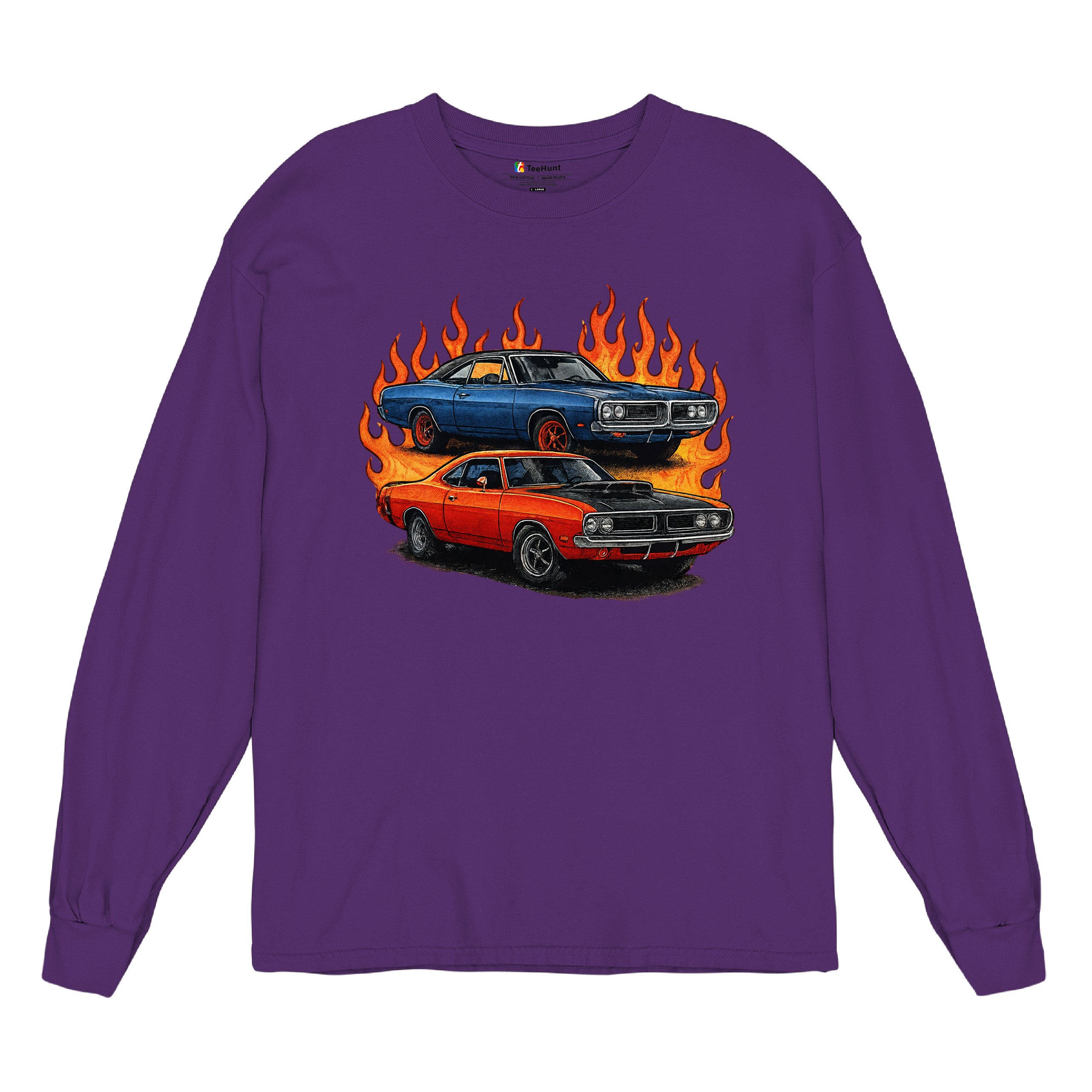 Classic American Muscle Car Flame Long Sleeve T-shirt Vintage Horsepower V8 - Picture 20 of 78