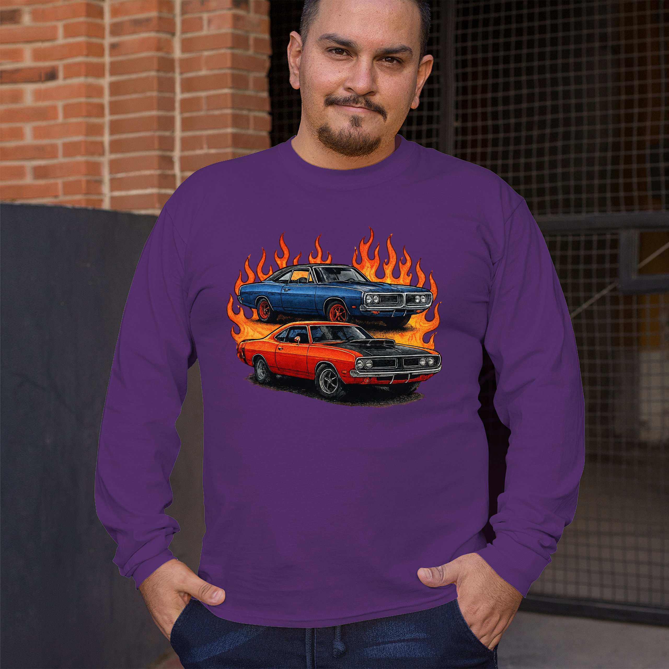 Classic American Muscle Car Flame Long Sleeve T-shirt Vintage Horsepower V8 - Picture 19 of 78