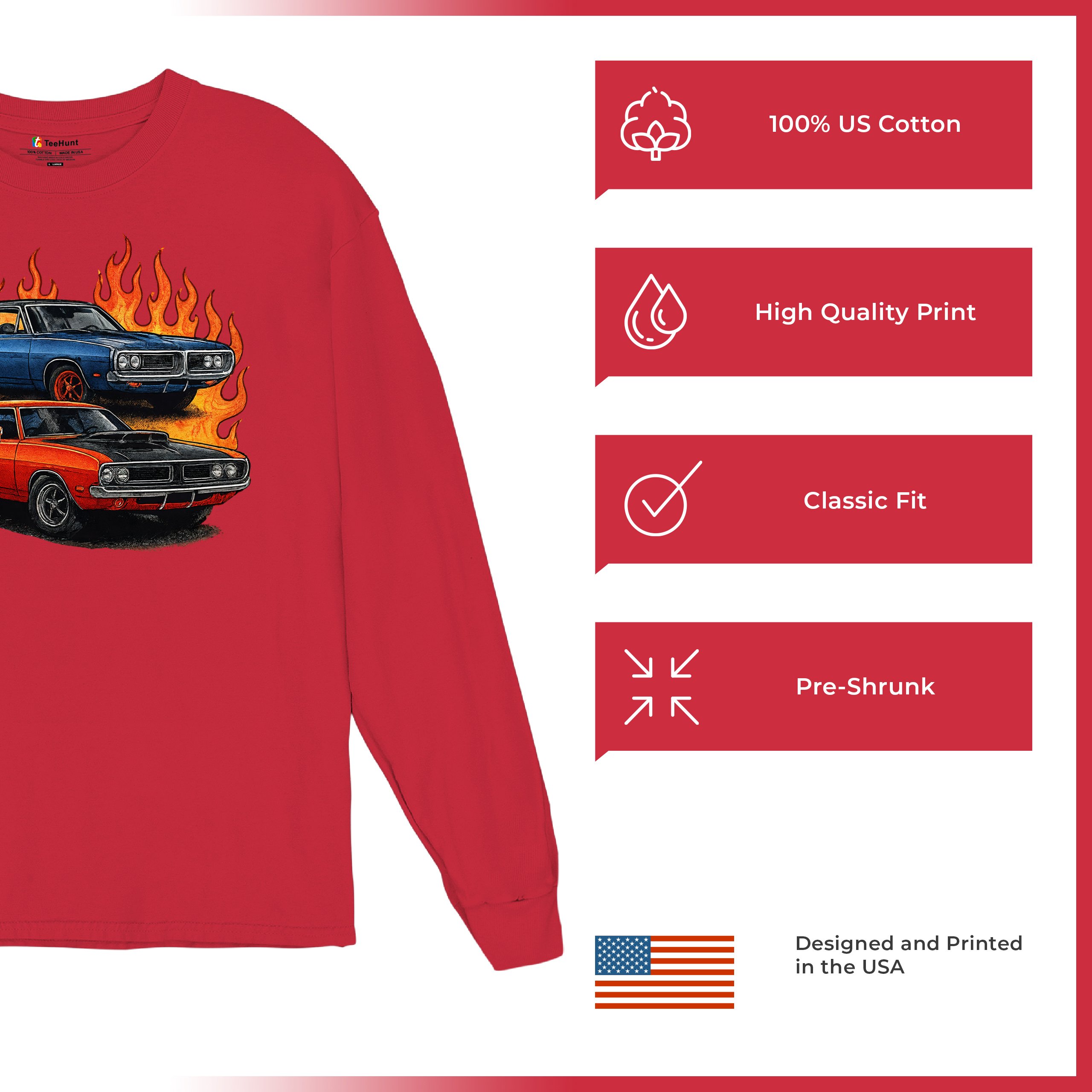 Classic American Muscle Car Flame Long Sleeve T-shirt Vintage Horsepower V8 - Picture 28 of 78