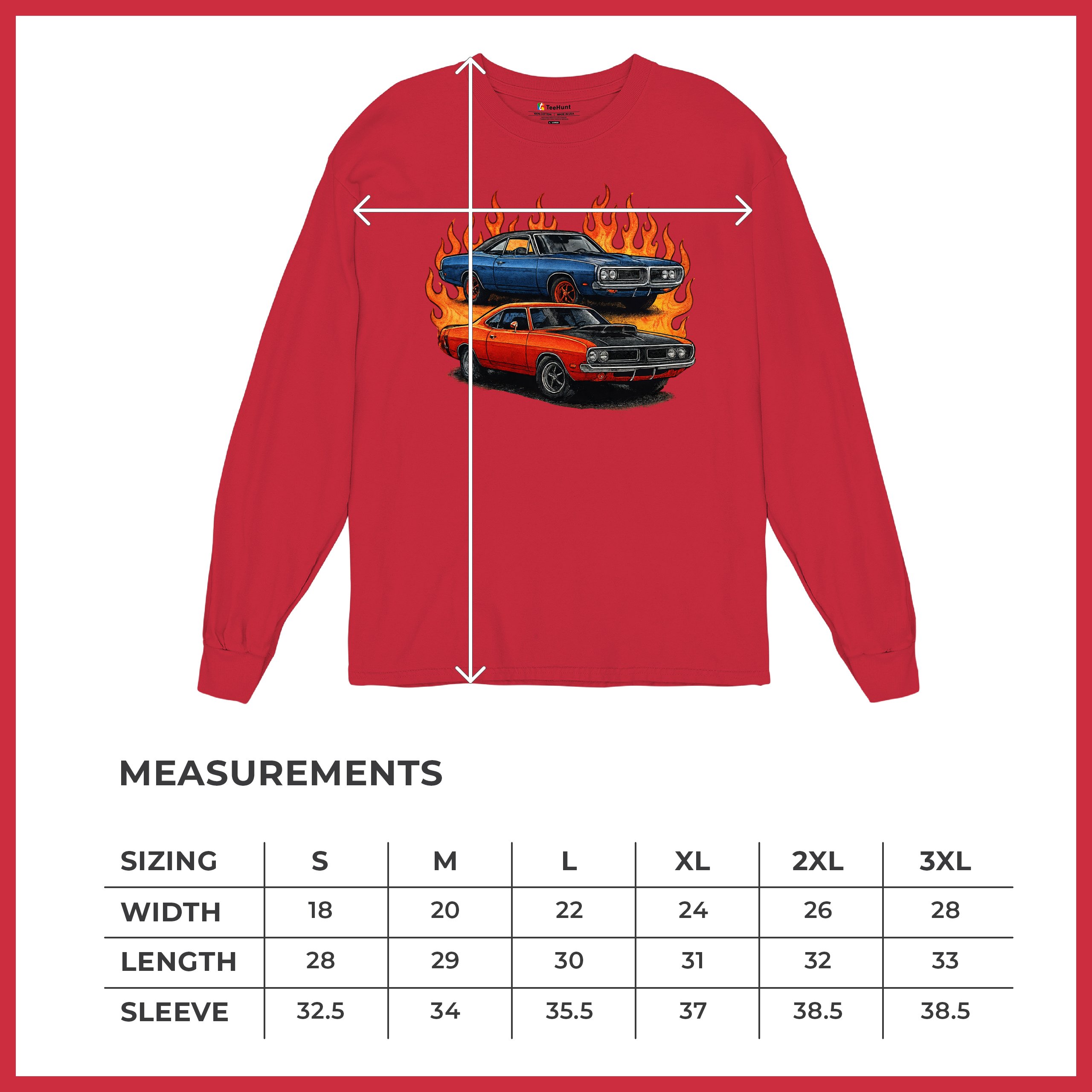 Classic American Muscle Car Flame Long Sleeve T-shirt Vintage Horsepower V8 - Picture 29 of 78