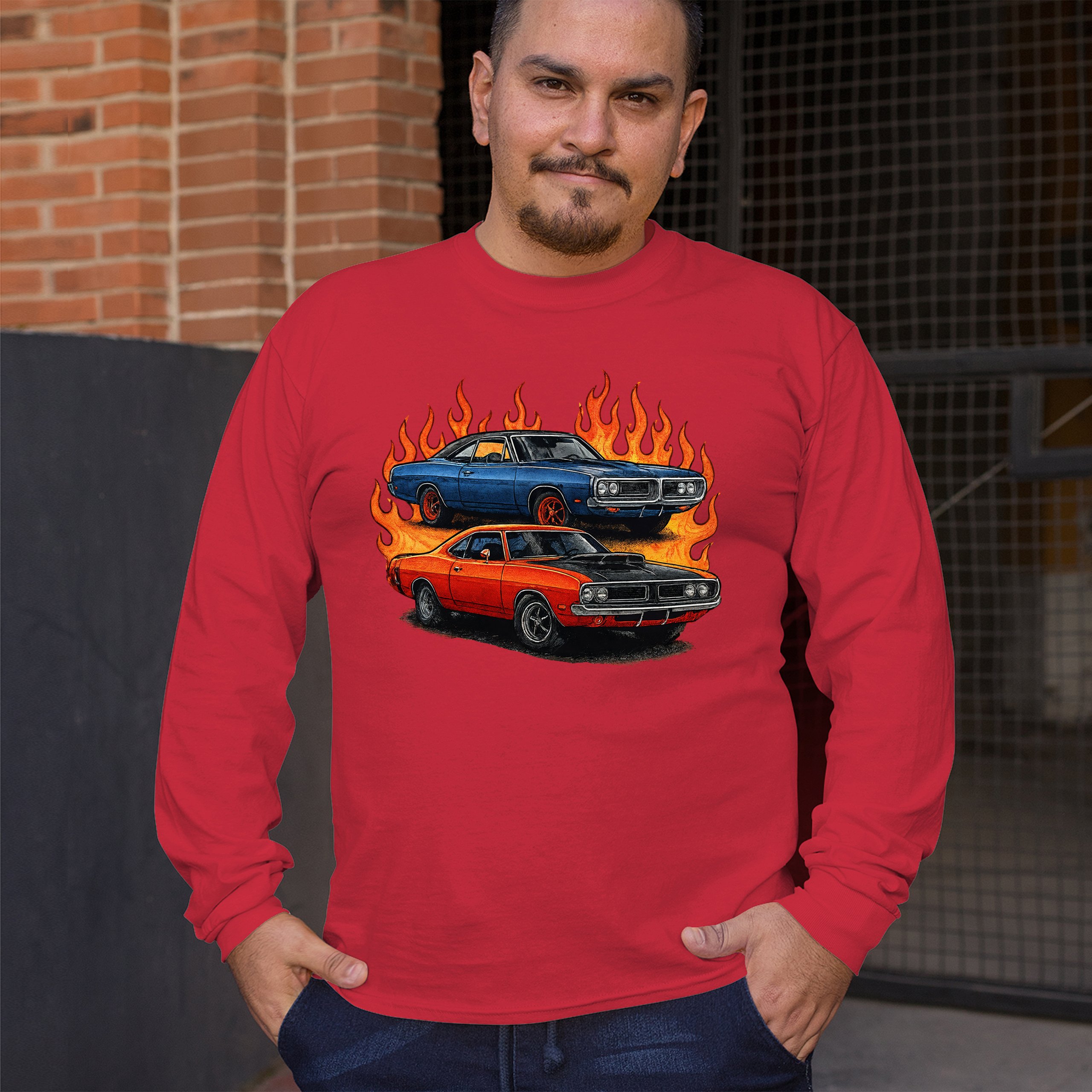 Classic American Muscle Car Flame Long Sleeve T-shirt Vintage Horsepower V8 - Picture 26 of 78