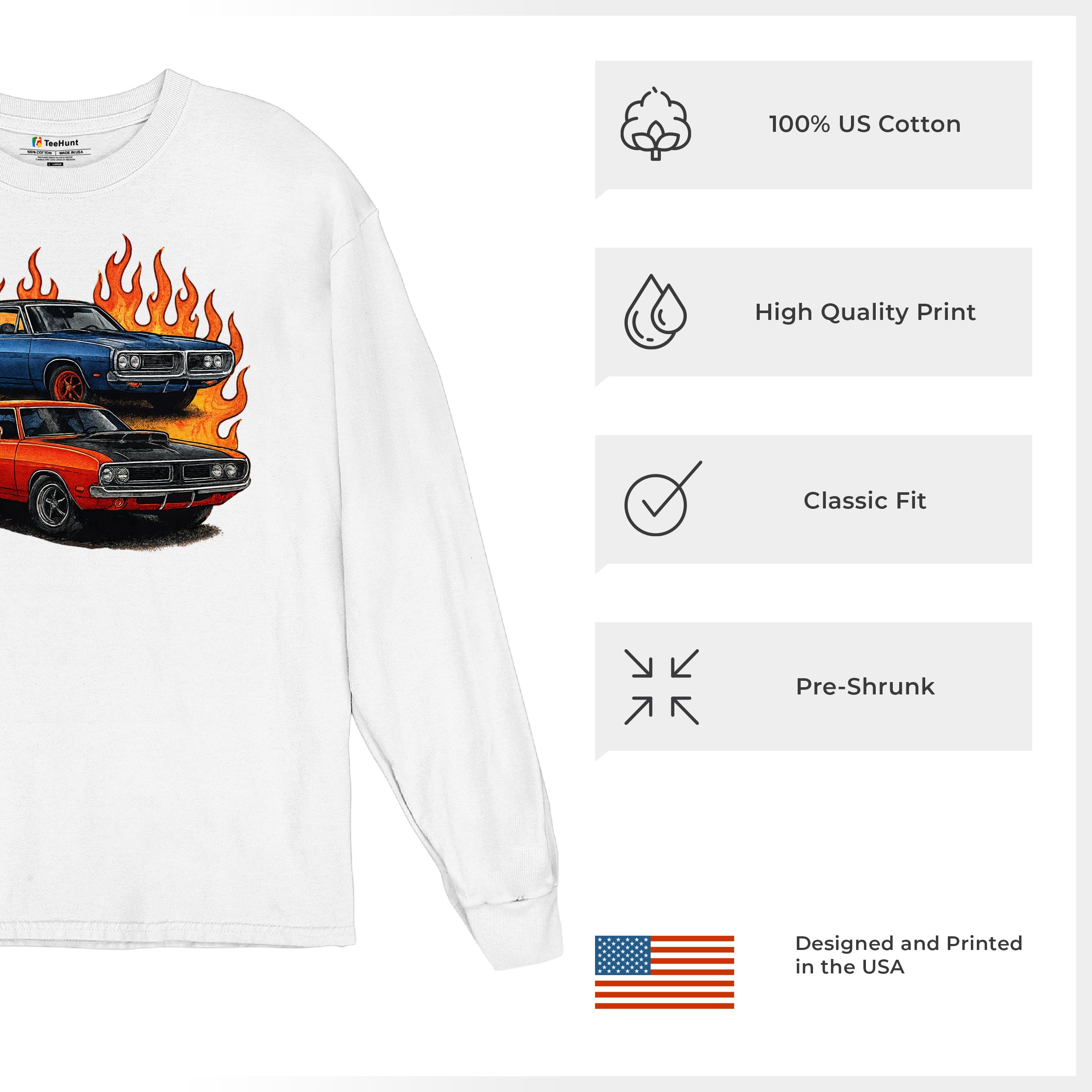 Classic American Muscle Car Flame Long Sleeve T-shirt Vintage Horsepower V8 - Picture 35 of 78