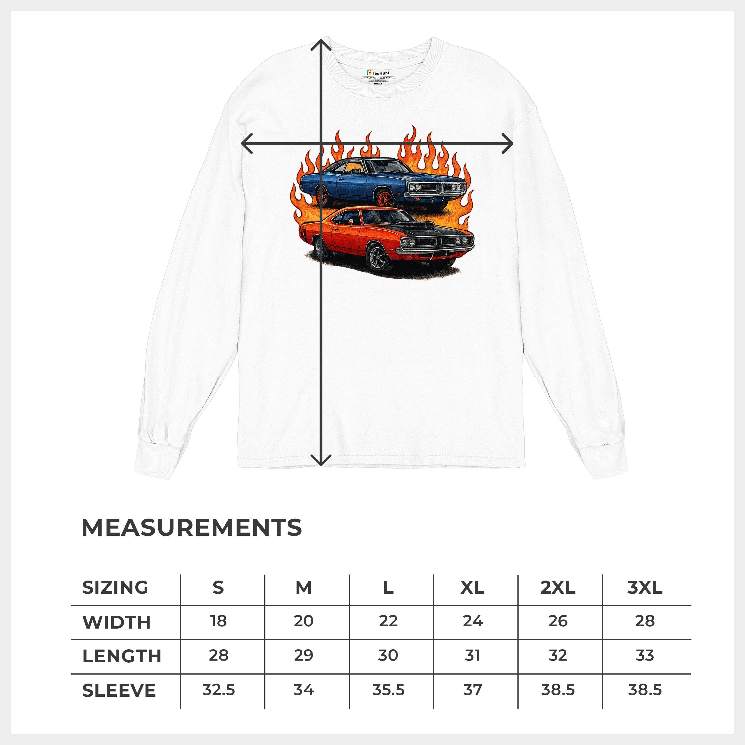 Classic American Muscle Car Flame Long Sleeve T-shirt Vintage Horsepower V8 - Picture 36 of 78