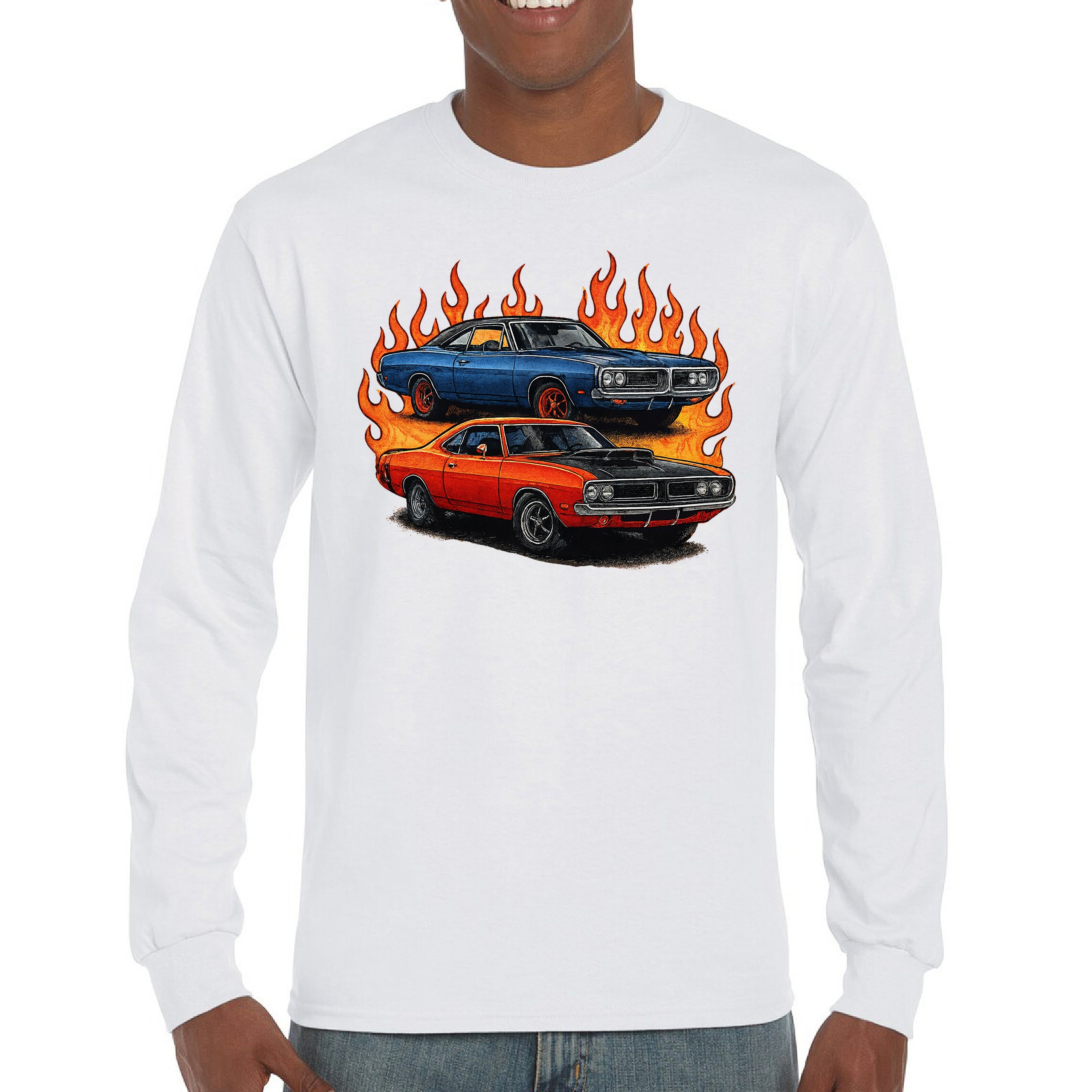 Classic American Muscle Car Flame Long Sleeve T-shirt Vintage Horsepower V8 - Picture 30 of 78